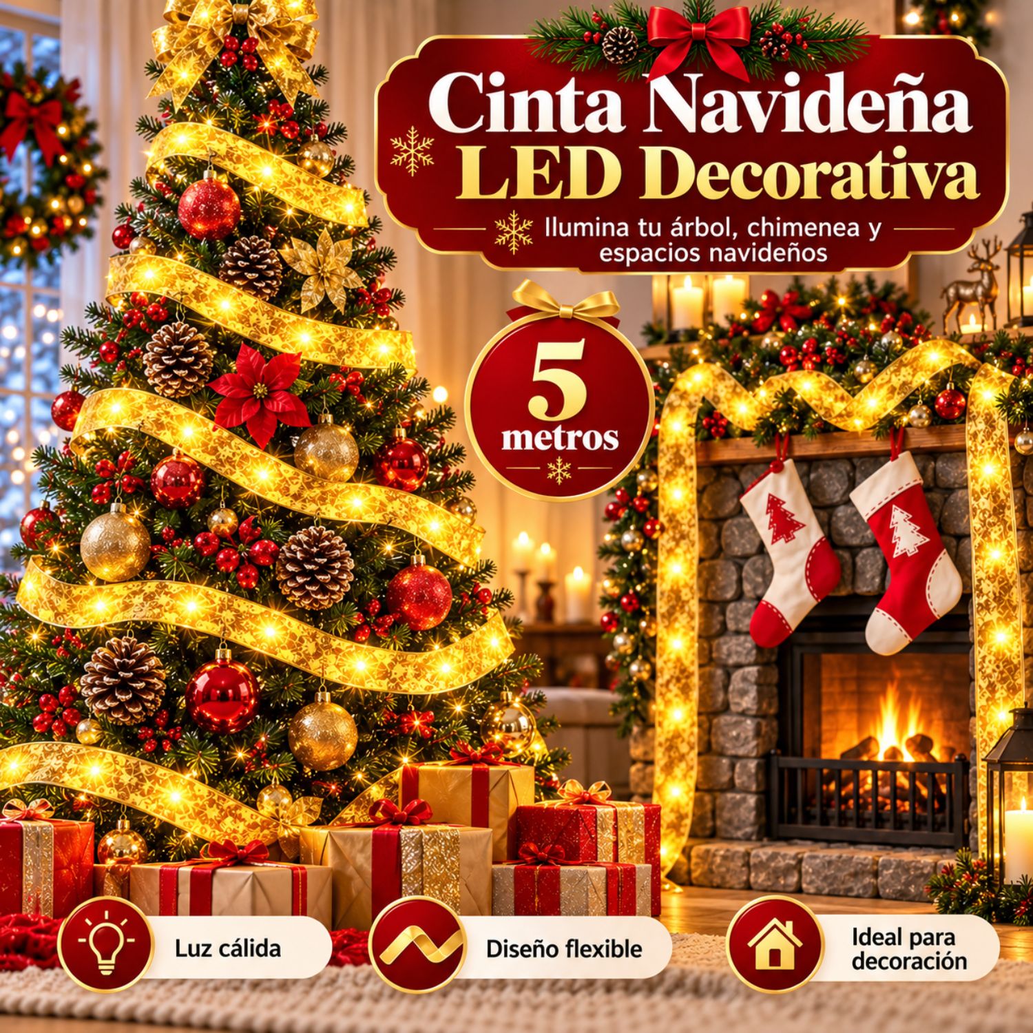 PACK X3 CINTA LED NAVIDEÑA 5 METROS USB 5V DORADA PARA ÁRBOL - 5