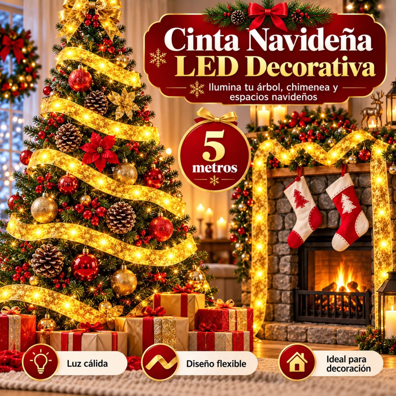 CINTA DECORATIVA NAVIDAD CON LUCES LED 10 METROS USB 5V 8 MODOS LUZ CÁLIDA DORADA - 5