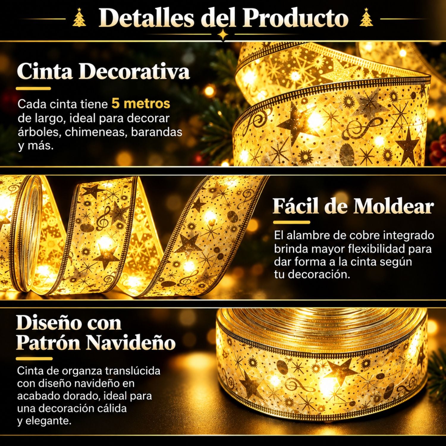 CINTA DECORATIVA NAVIDAD CON LUCES LED 10 METROS USB 5V 8 MODOS LUZ CÁLIDA DORADA - 6
