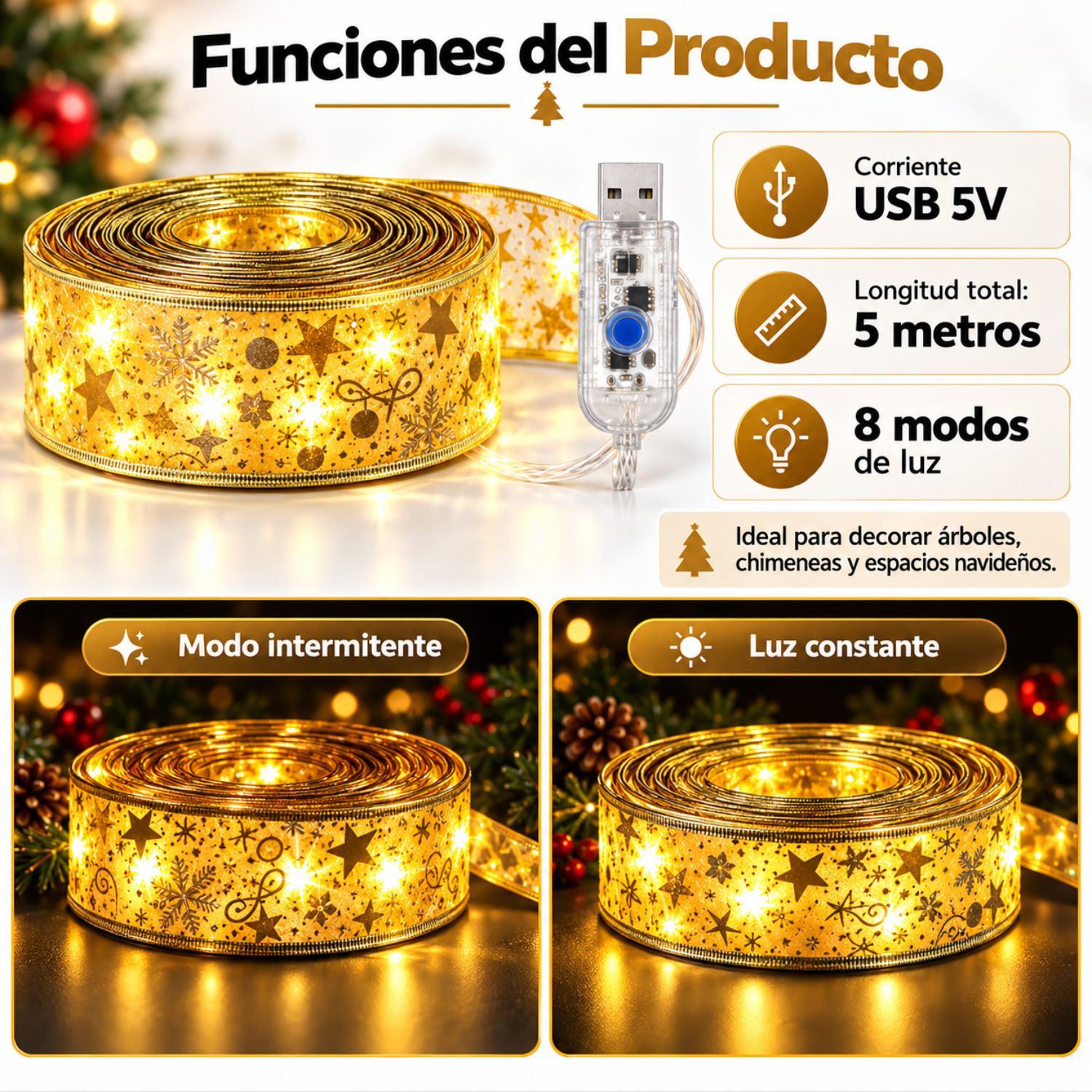 CINTA DECORATIVA NAVIDAD CON LUCES LED 10 METROS USB 5V 8 MODOS LUZ CÁLIDA DORADA - 8