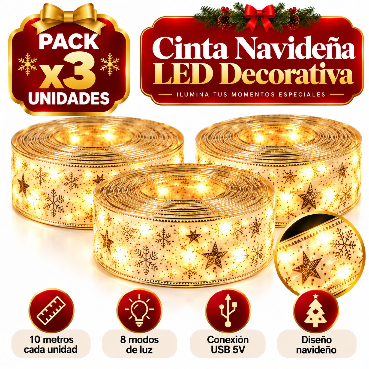 PACK 3 LUCES NAVIDEÑAS CINTA LED DORADA 10 METROS USB 5V 8 MODOS - 1