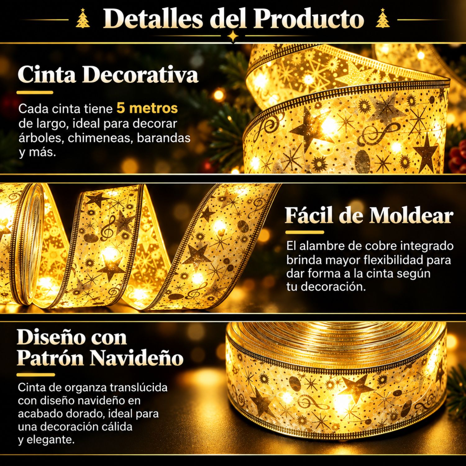 PACK 3 LUCES NAVIDEÑAS CINTA LED DORADA 10 METROS USB 5V 8 MODOS - 6