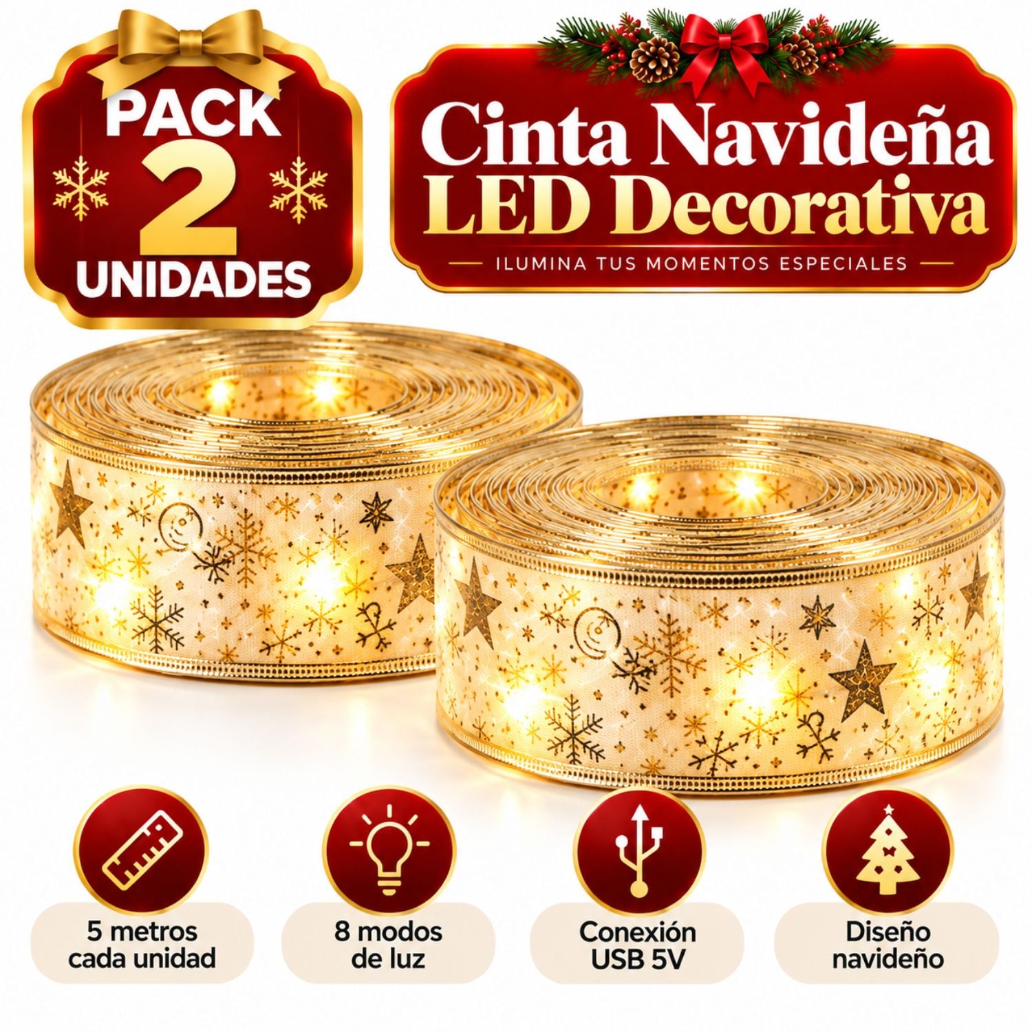 PACK 2 CINTAS NAVIDEÑAS LED 5 METROS USB LUZ CÁLIDA 8 MODOS - 1