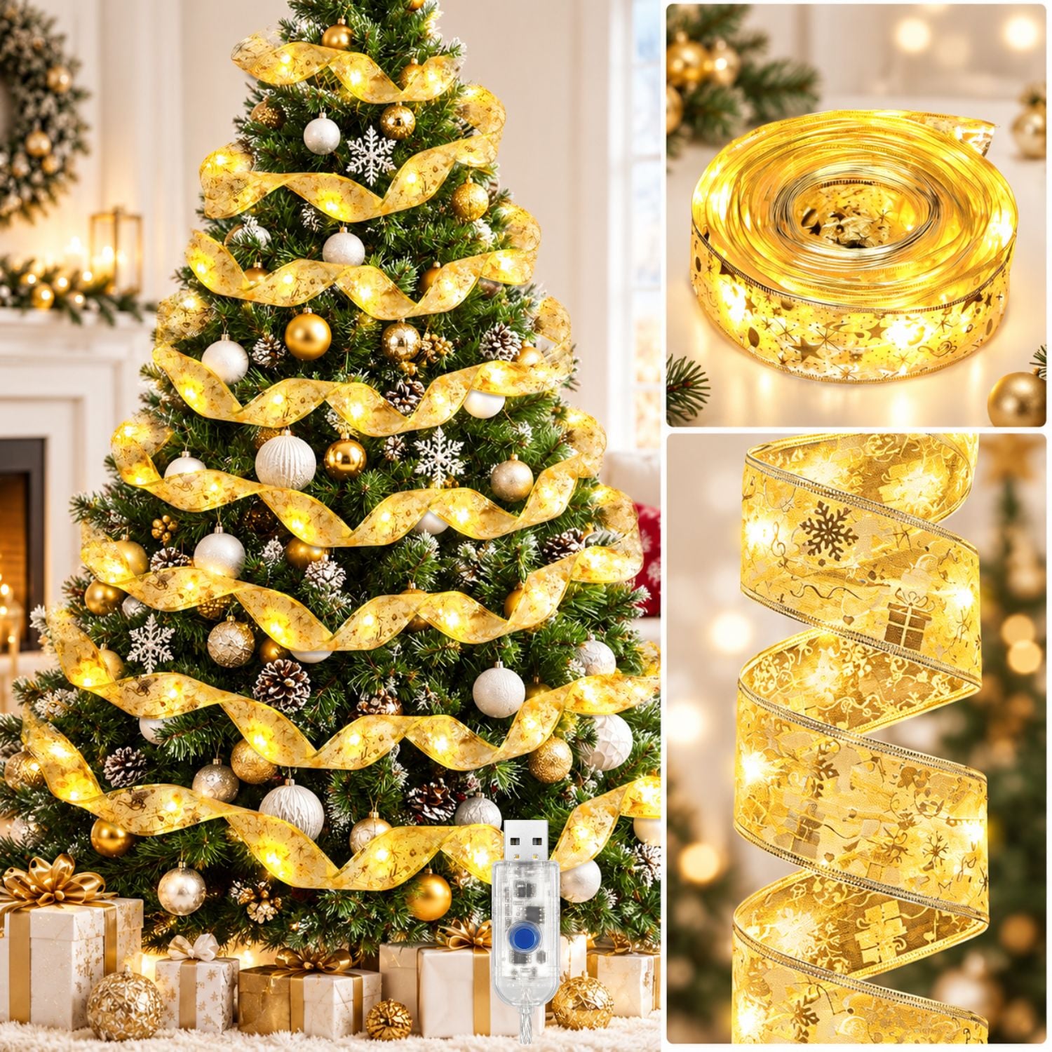 CINTA DECORATIVA NAVIDAD CON LUCES LED 5 METROS USB 5V 8 MODOS LUZ CÁLIDA DORADA - 1