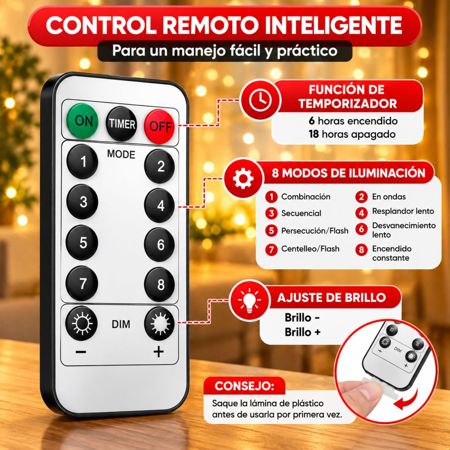 LUCES DE HADAS LED PARA CORTINA 3X3 M CON CONTROL REMOTO 8 EFECTOS TIMER Y AJUSTE DE BRILLO - 4