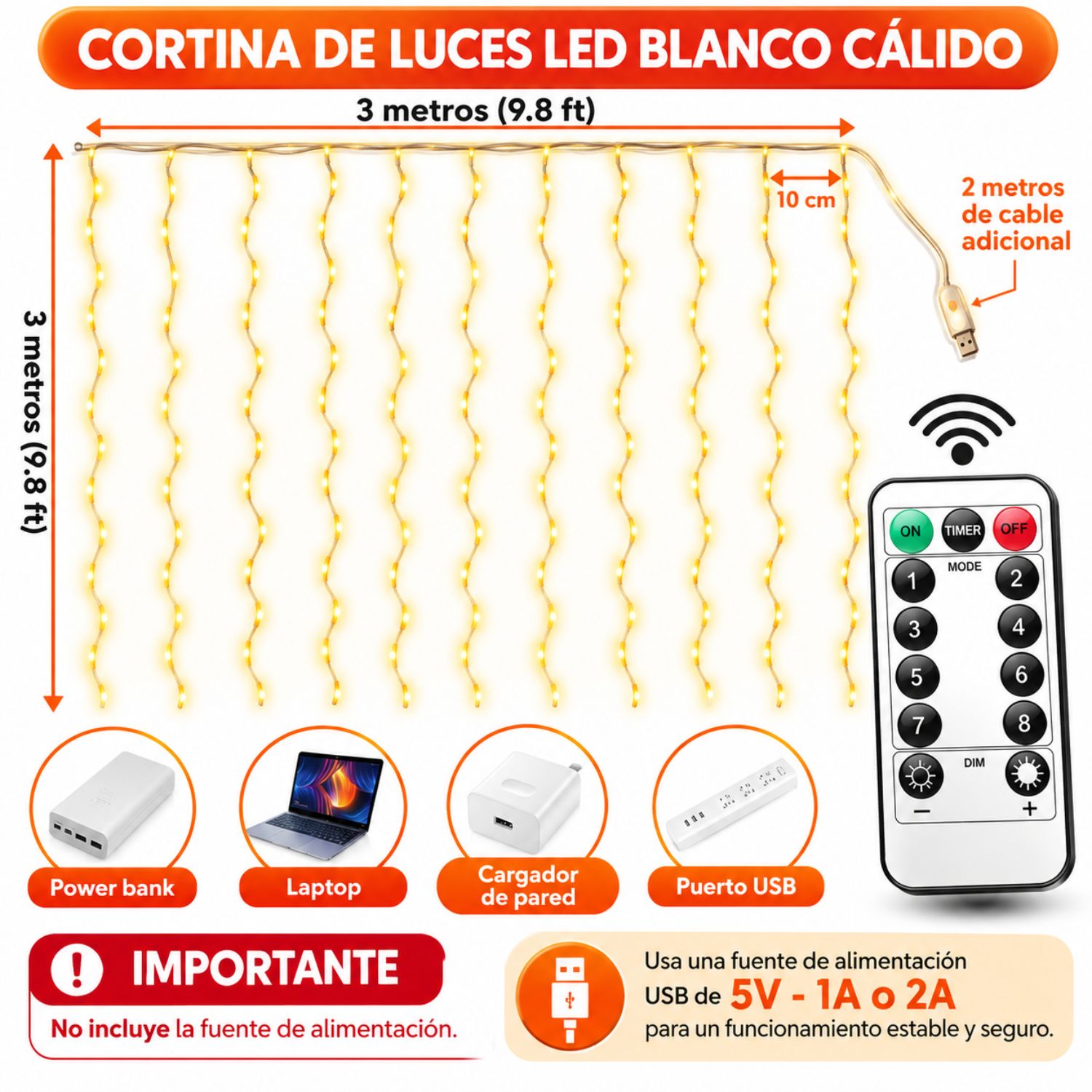 LUCES DE HADAS LED PARA CORTINA 3X3 M CON CONTROL REMOTO 8 EFECTOS TIMER Y AJUSTE DE BRILLO - 6