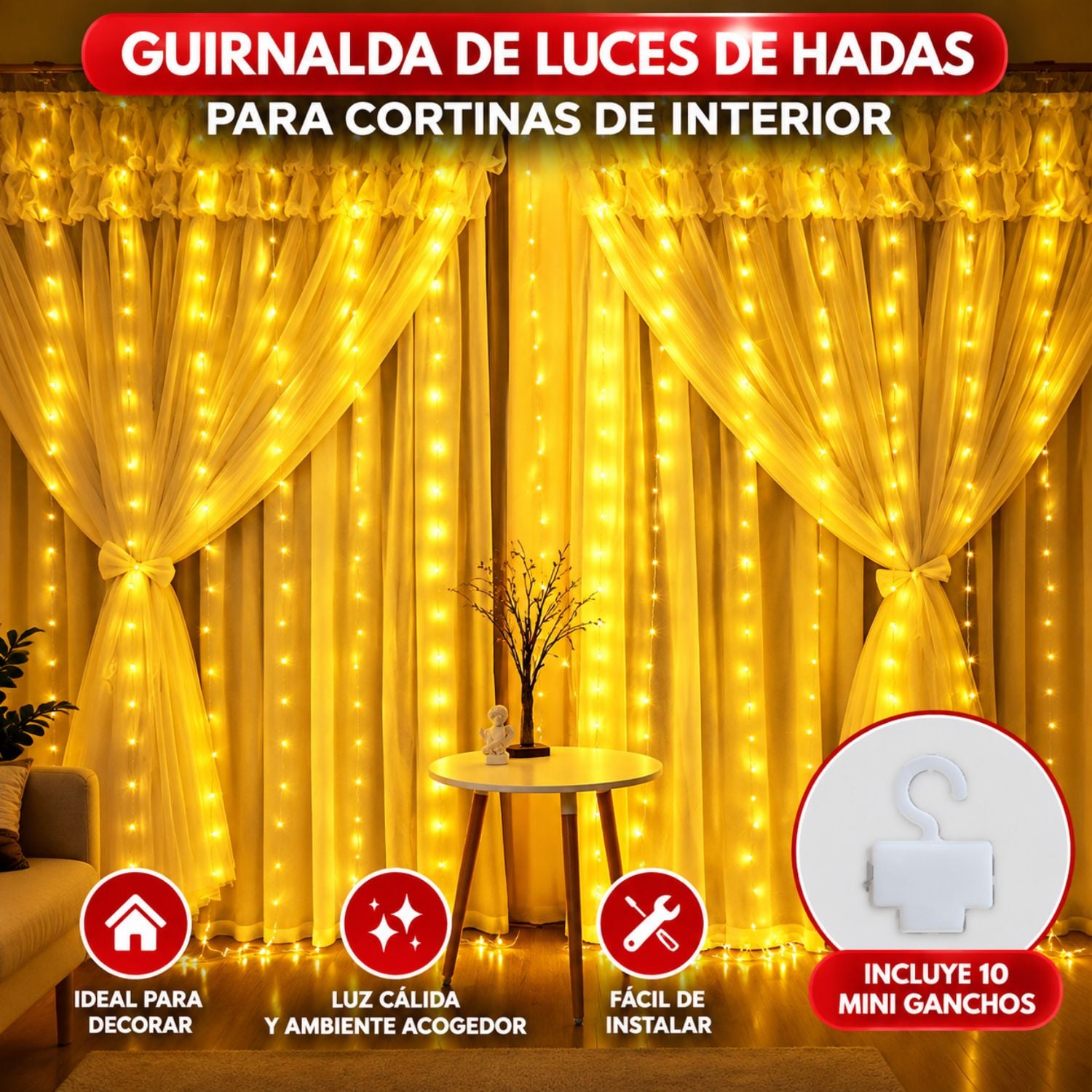 CORTINA DE LUCES DECORATIVAS LED 3X3 M USB CON CONTROL REMOTO 8 MODOS Y TEMPORIZADOR - 2