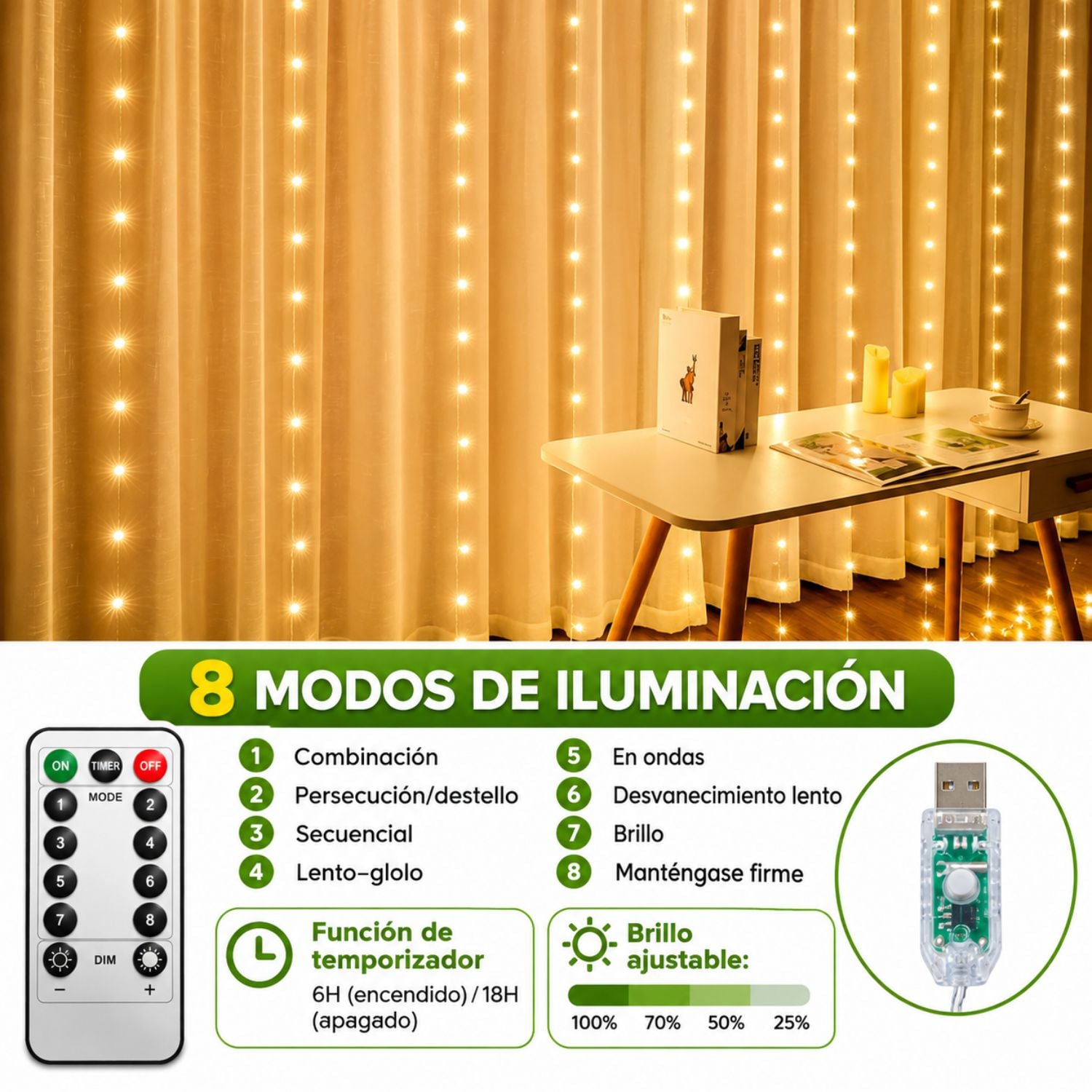 CORTINA DE LUCES DECORATIVAS LED 3X3 M USB CON CONTROL REMOTO 8 MODOS Y TEMPORIZADOR - 3