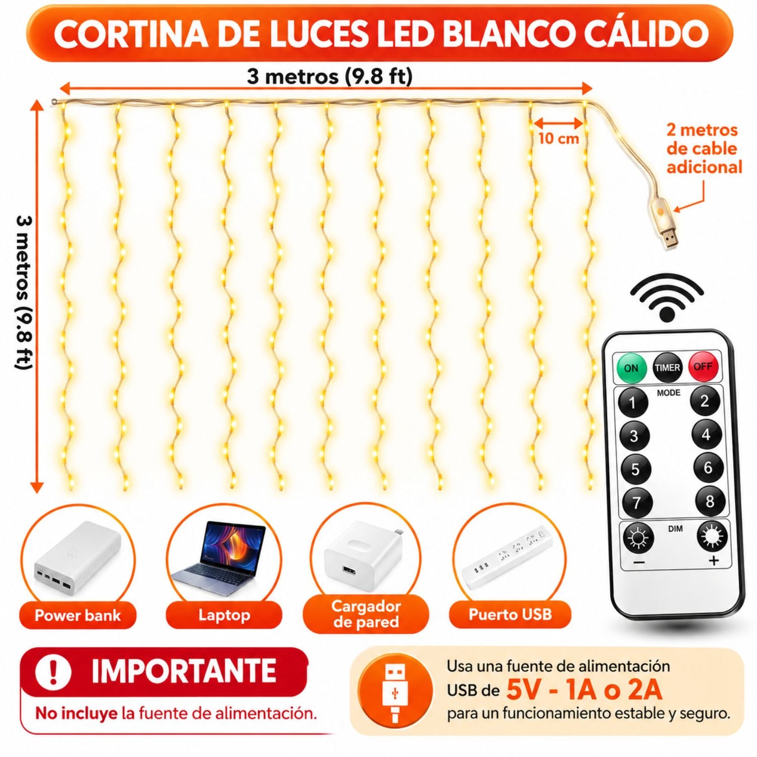 CORTINA DE LUCES DECORATIVAS LED 3X3 M USB CON CONTROL REMOTO 8 MODOS Y TEMPORIZADOR - 6