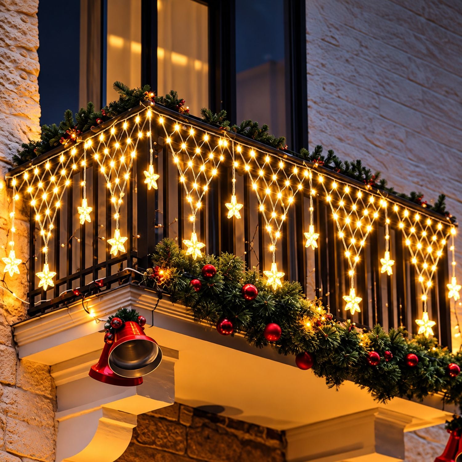 LUCES NAVIDEÑAS EXTERIOR E INTERIOR 4.20M 196 LED ÁMBAR CASCADA CON ESTRELLAS 8 MODOS IP44 - 1