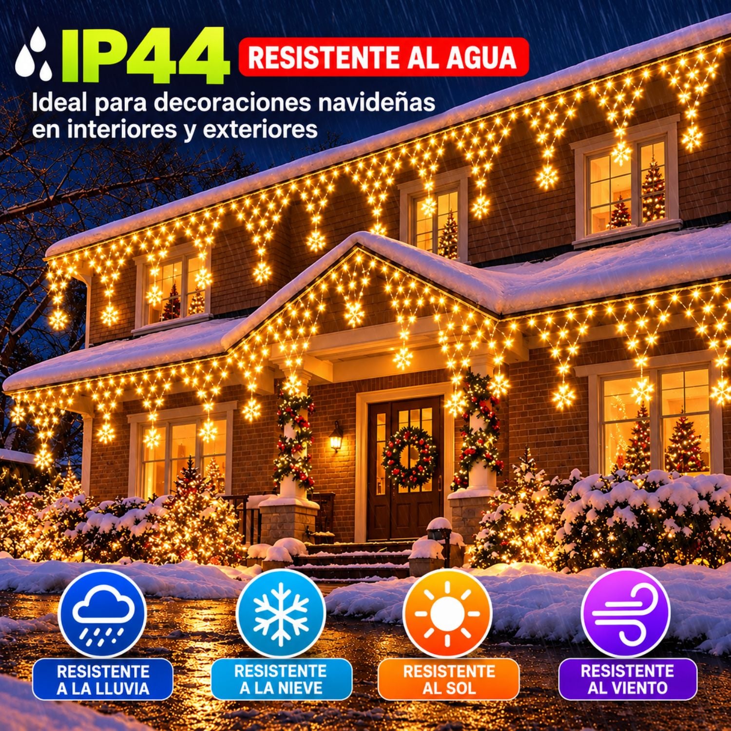 LUCES NAVIDEÑAS EXTERIOR E INTERIOR 4.20M 196 LED ÁMBAR CASCADA CON ESTRELLAS 8 MODOS IP44 - 6