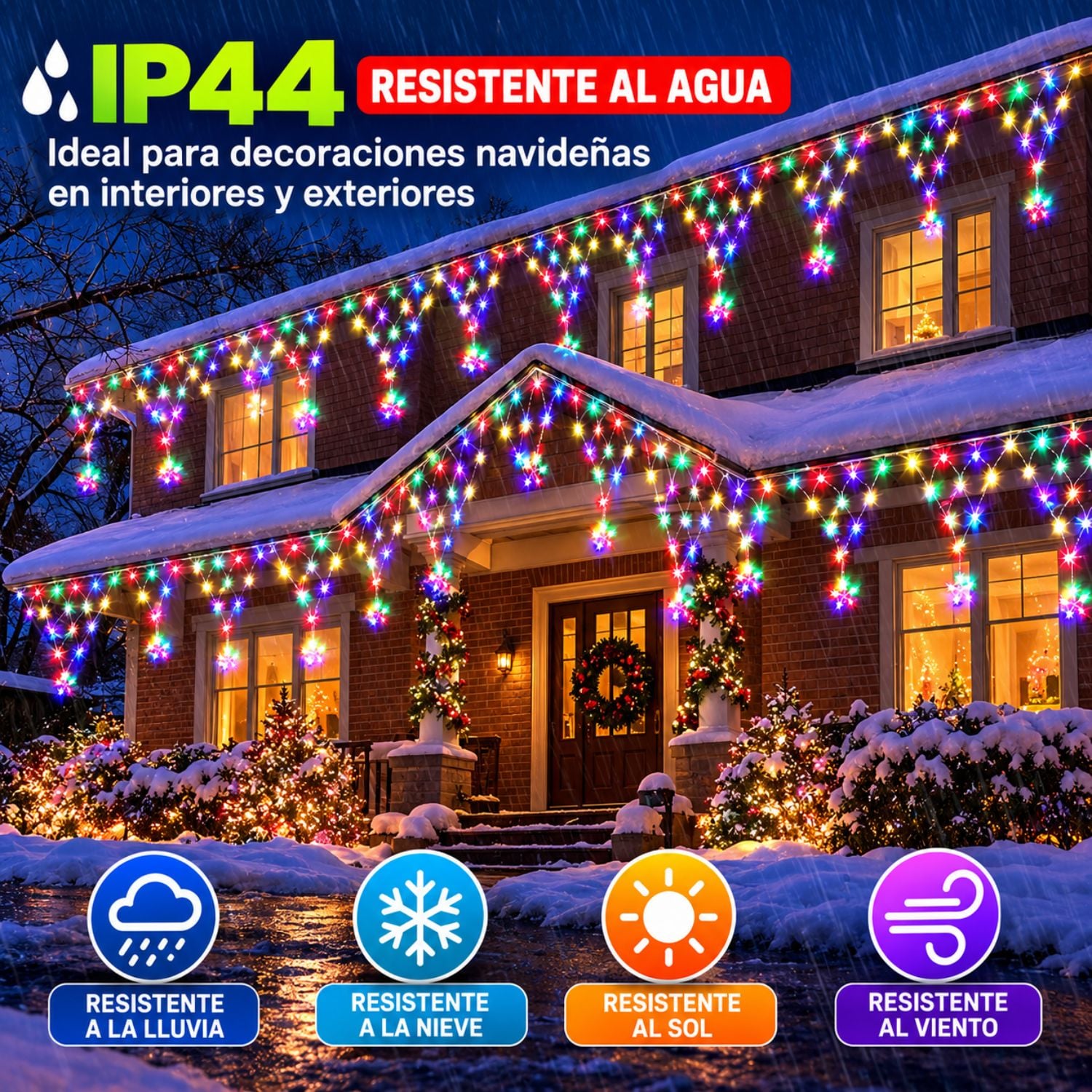 LUCES NAVIDEÑAS EXTERIOR 196 LED MULTICOLOR CASCADA ESTRELLAS 4.20M 8 MODOS REGULABLE - 6