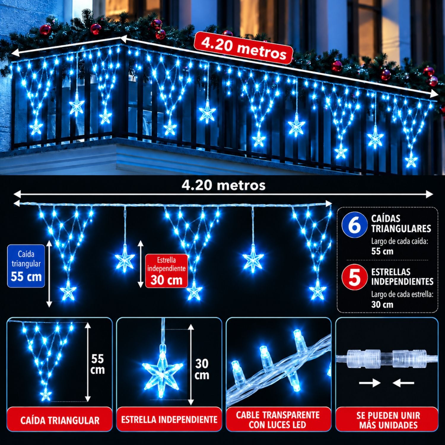 LUCES NAVIDEÑAS CON ESTRELLAS 196 LED AZUL CIELO 4.20M REGULABLES CON CONTROL - 4