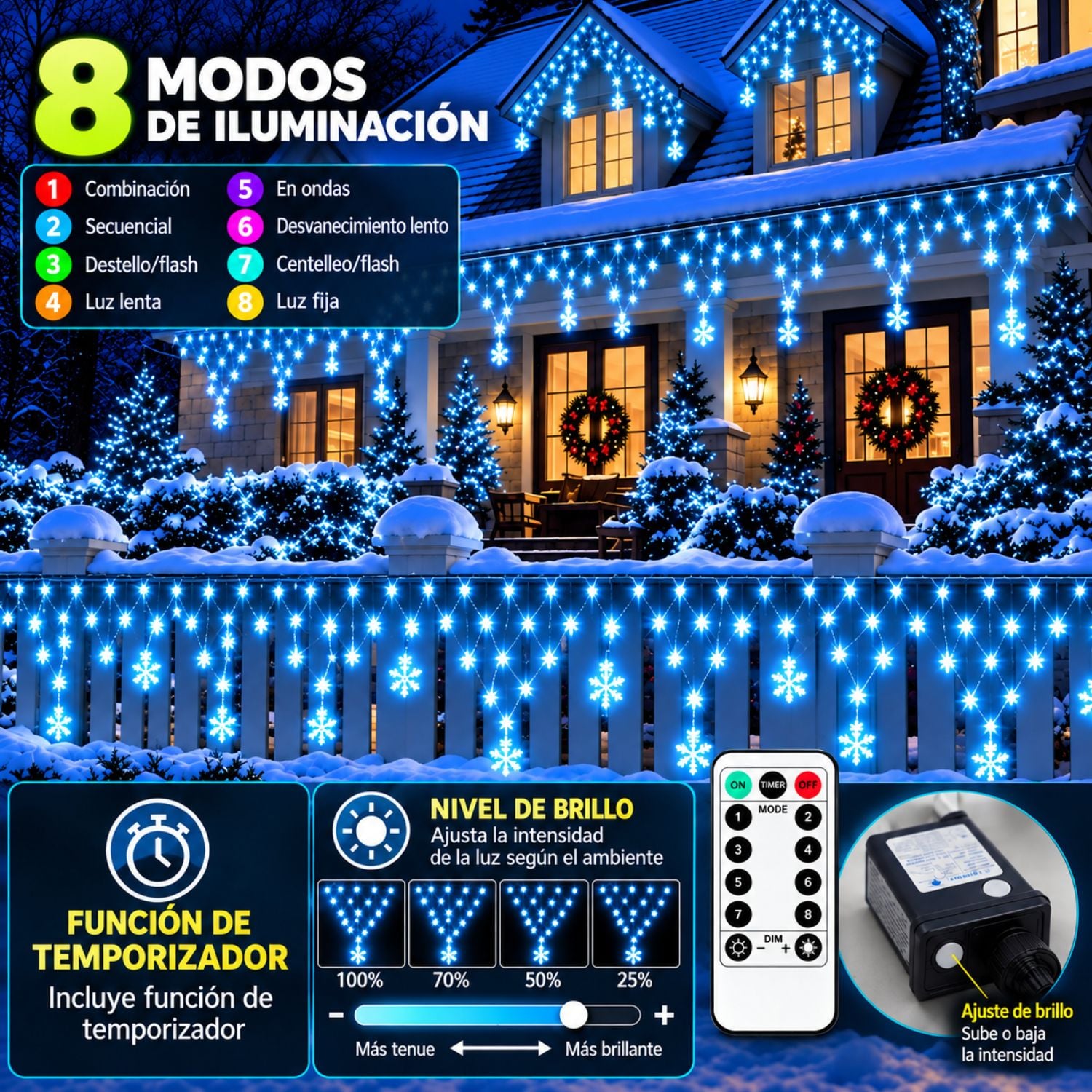 LUCES NAVIDEÑAS CON ESTRELLAS 196 LED AZUL CIELO 4.20M REGULABLES CON CONTROL - 5