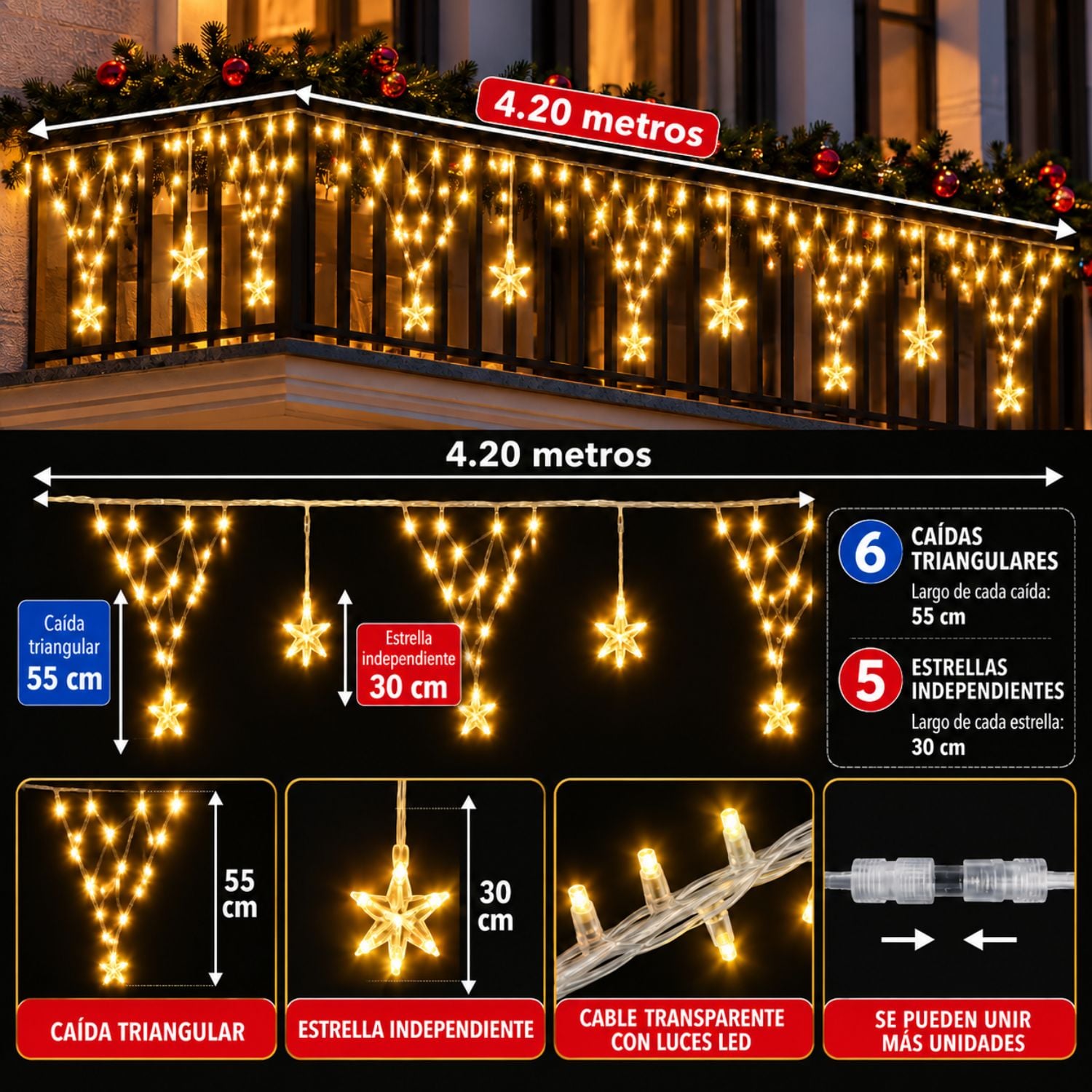 CORTINA DE LUCES NAVIDEÑAS 196 LED CÁLIDA 4.20M CON ESTRELLAS, TEMPORIZADOR Y CONTROL REMOTO - 3