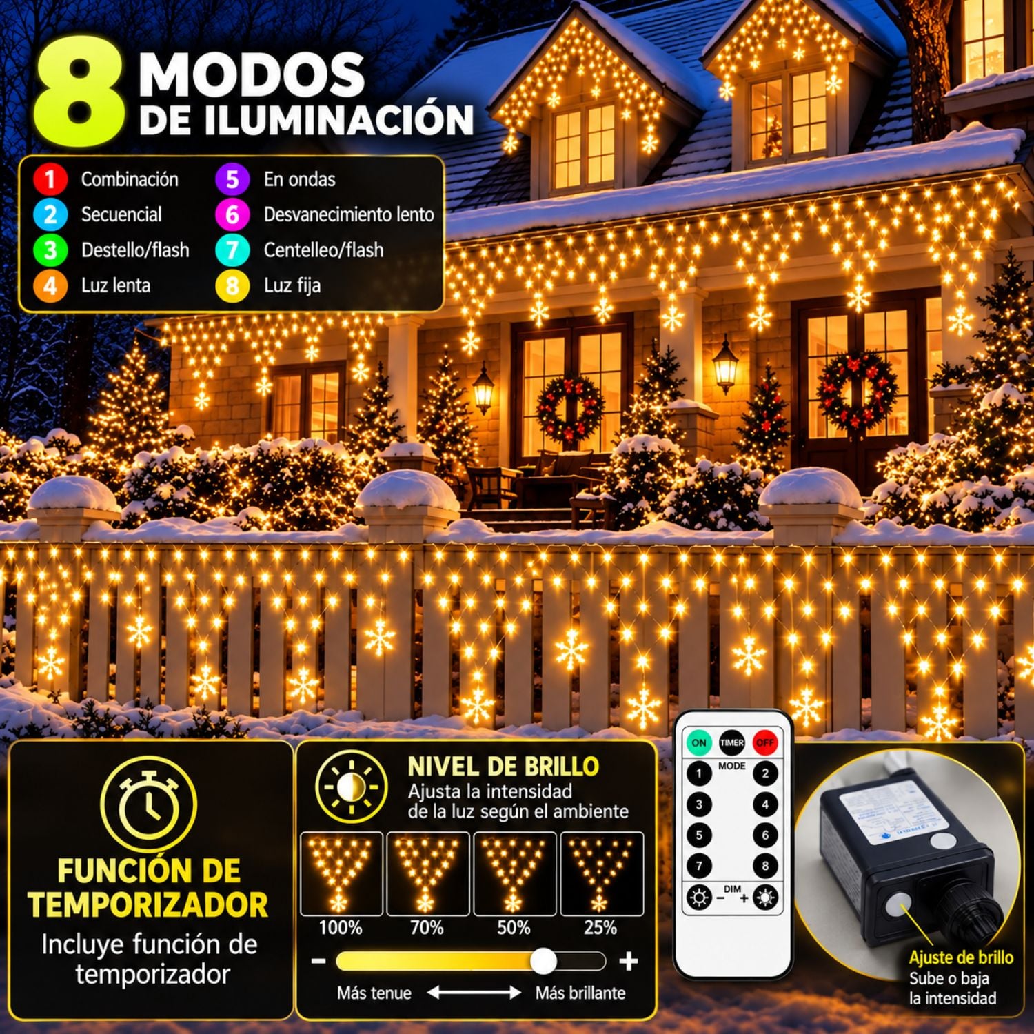CORTINA DE LUCES NAVIDEÑAS 196 LED CÁLIDA 4.20M CON ESTRELLAS, TEMPORIZADOR Y CONTROL REMOTO - 4