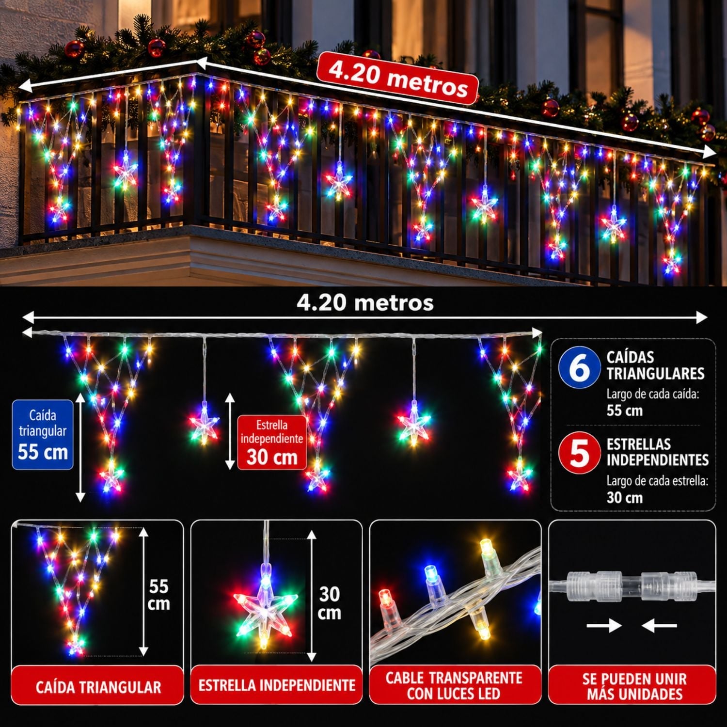 GUIRNALDA LUCES NAVIDEÑAS 196 LED MULTICOLOR 4.20M CASCADA ESTRELLAS CONTROL REMOTO 8 MODOS - 3