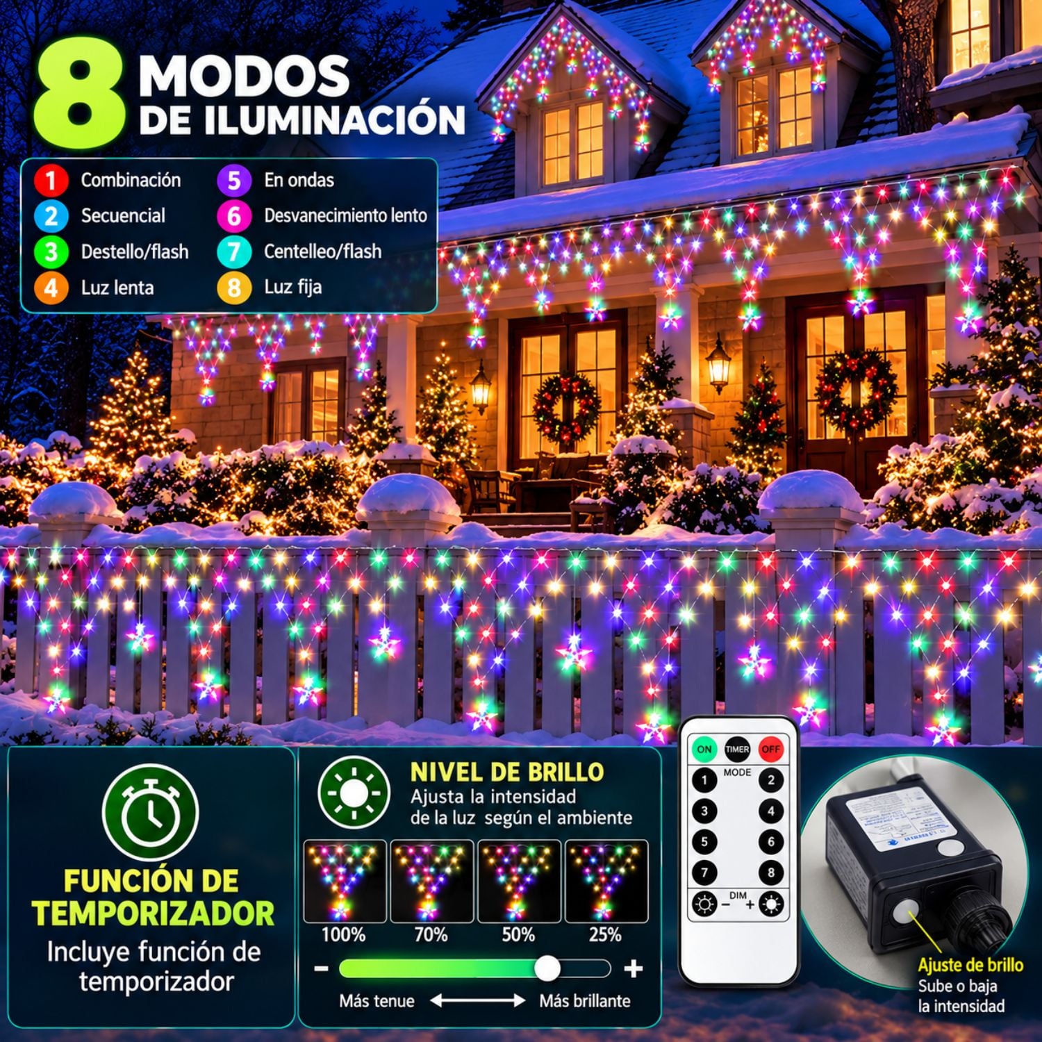 GUIRNALDA LUCES NAVIDEÑAS 196 LED MULTICOLOR 4.20M CASCADA ESTRELLAS CONTROL REMOTO 8 MODOS - 4