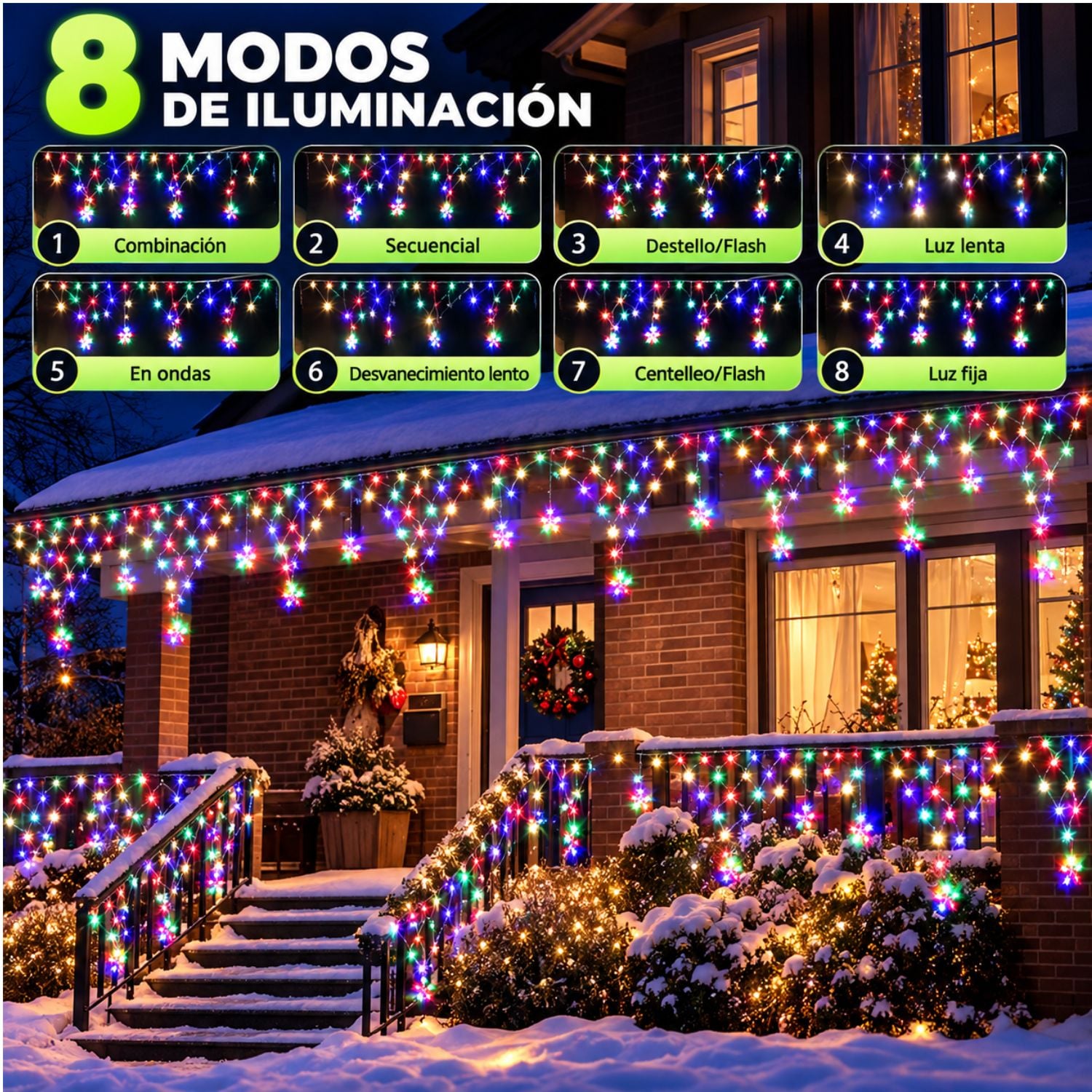 GUIRNALDA LUCES NAVIDEÑAS 196 LED MULTICOLOR 4.20M CASCADA ESTRELLAS CONTROL REMOTO 8 MODOS - 5