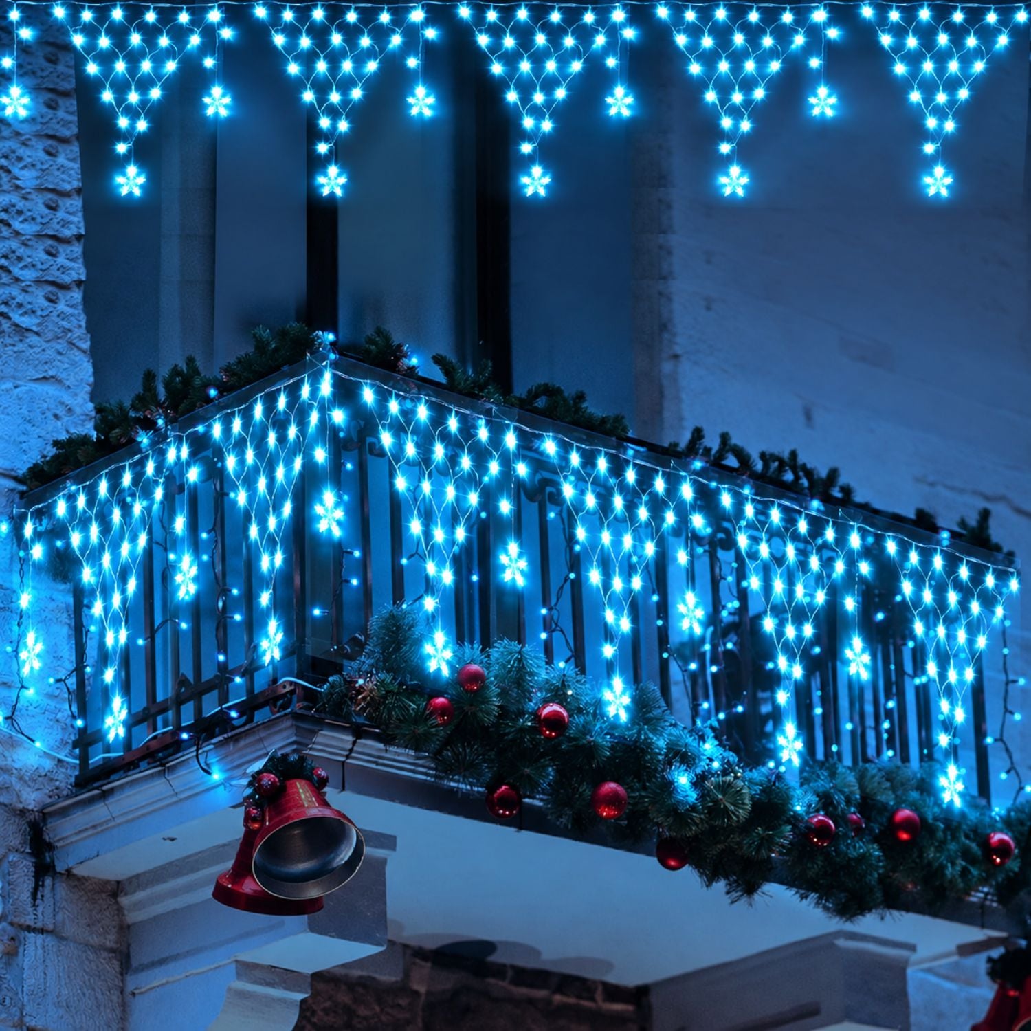 LUCES NAVIDEÑAS CASCADA 4.20M 196 LED AZUL CIELO CON ESTRELLAS Y CONTROL - 1