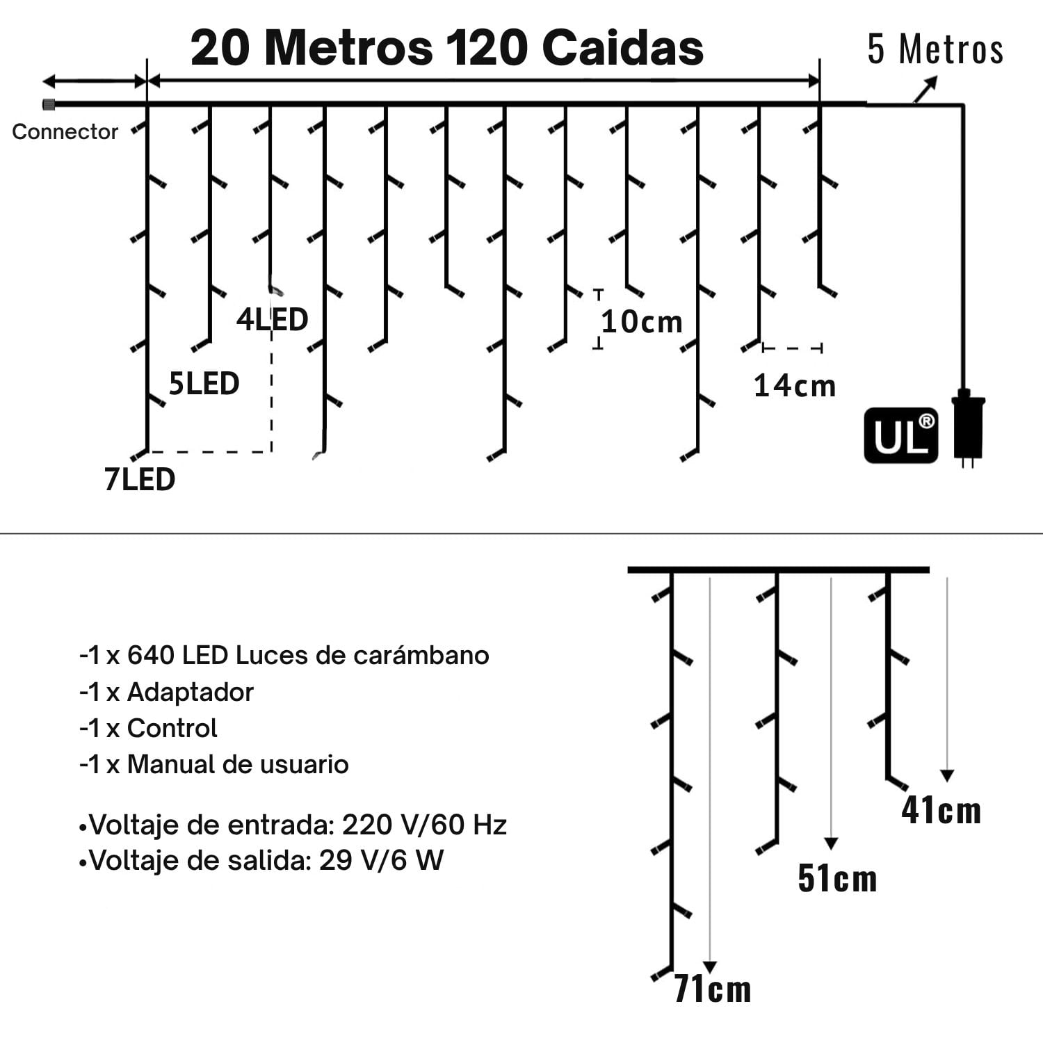 LUCES TIPO CORTINA 20M RGB 640 LED CASCADA LLUVIA PARA CASAS, BALCONES Y JARDINES CON CONEXIÓN EN SERIE - 3