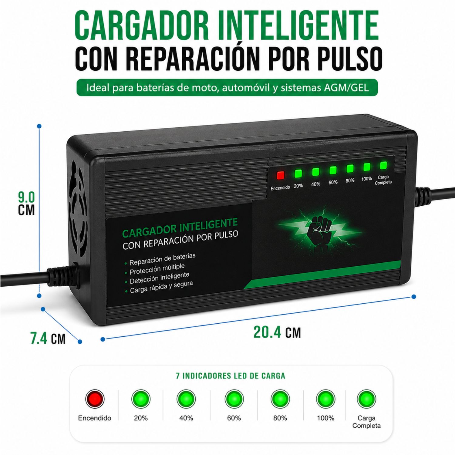 CARGADOR INTELIGENTE 60V 6A PARA MOTO ELÉCTRICA COMPATIBLE CON BATERÍAS DE PLOMO ÁCIDO CON INDICADOR LED - 2