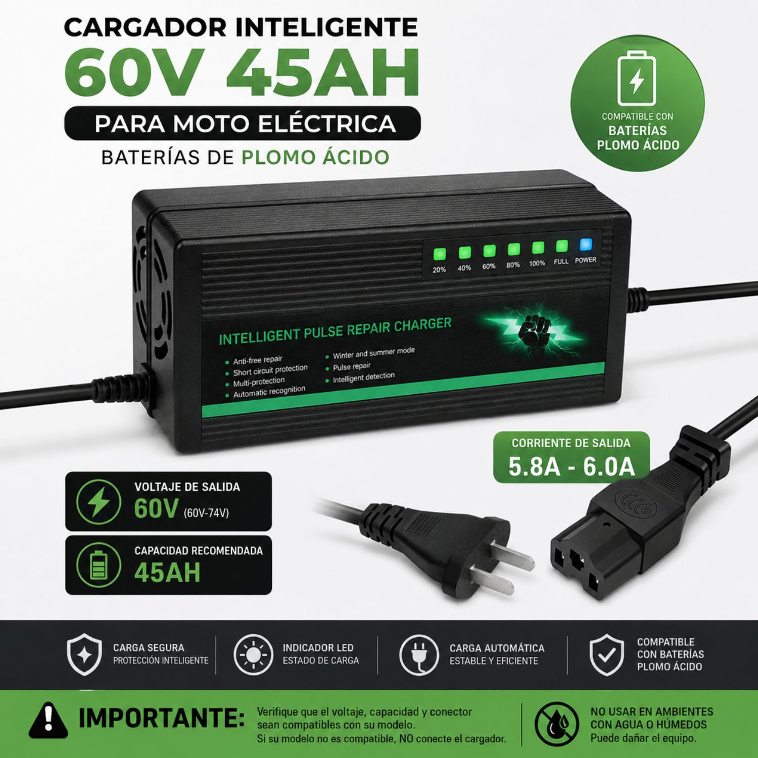 CARGADOR INTELIGENTE 60V 6A PARA MOTO ELÉCTRICA COMPATIBLE CON BATERÍAS DE PLOMO ÁCIDO CON INDICADOR LED - 3