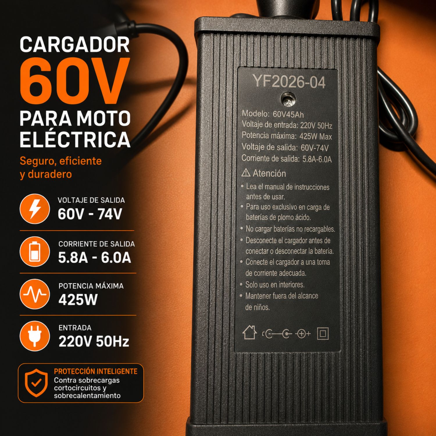 CARGADOR INTELIGENTE 60V 6A PARA MOTO ELÉCTRICA COMPATIBLE CON BATERÍAS DE PLOMO ÁCIDO CON INDICADOR LED - 5