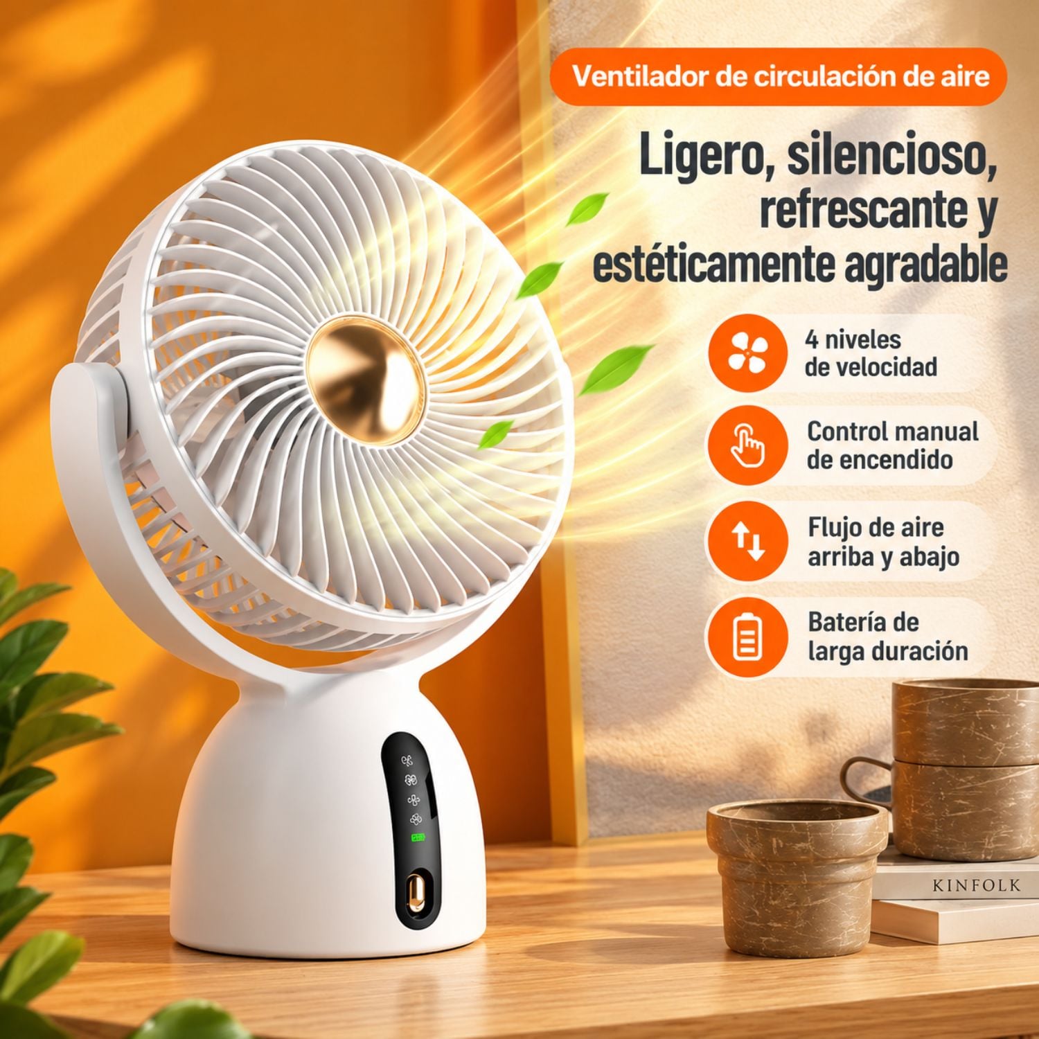 VENTILADOR DE ESCRITORIO USB RECARGABLE CON 4 VELOCIDADES, MOTOR  SILENCIOSO - 2