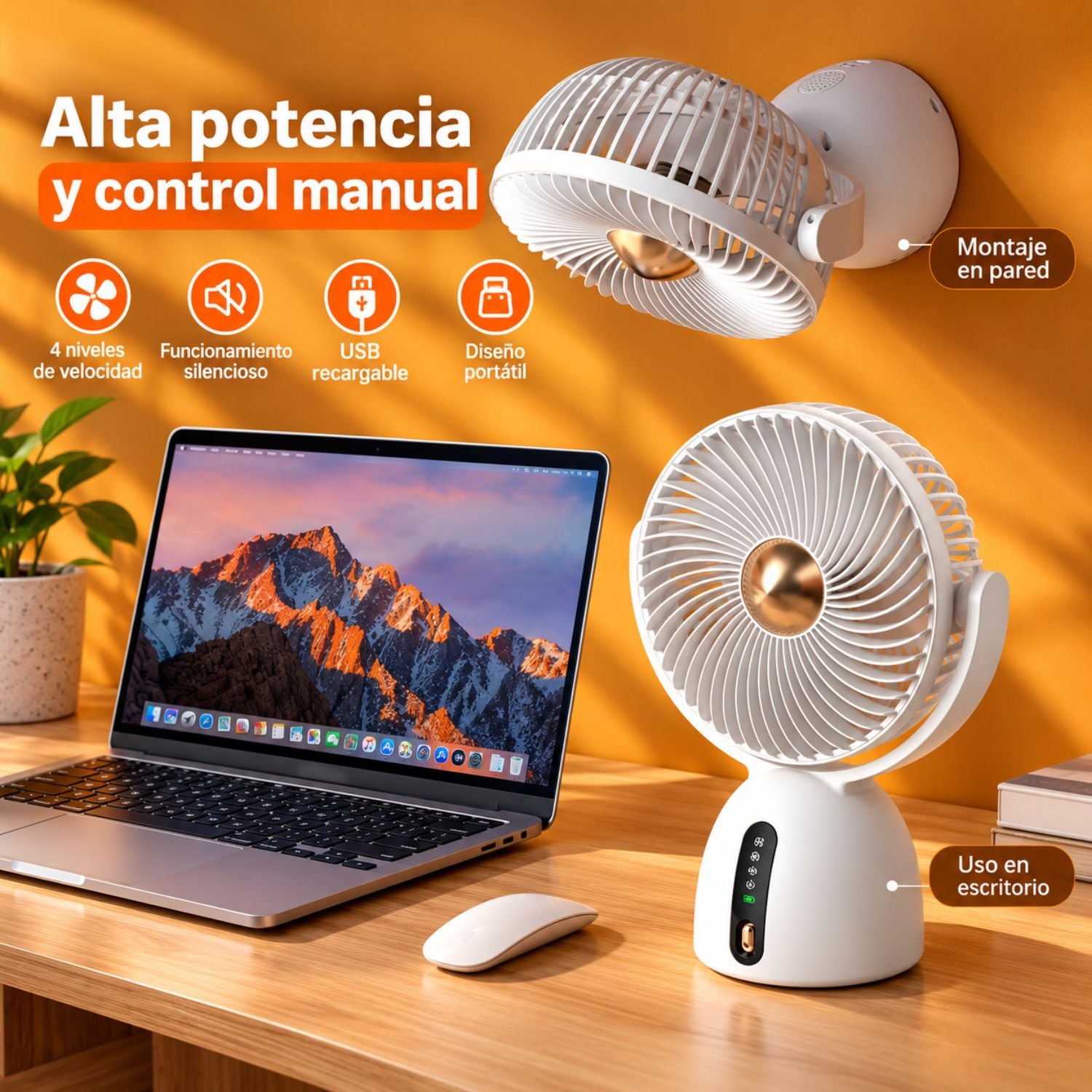 VENTILADOR DE ESCRITORIO USB RECARGABLE CON 4 VELOCIDADES, MOTOR  SILENCIOSO - 3