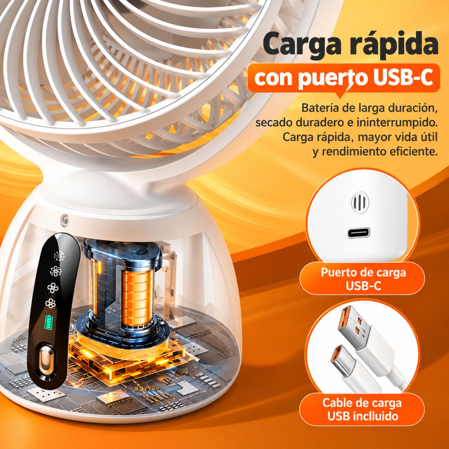 VENTILADOR DE ESCRITORIO USB RECARGABLE CON 4 VELOCIDADES, MOTOR  SILENCIOSO - 6