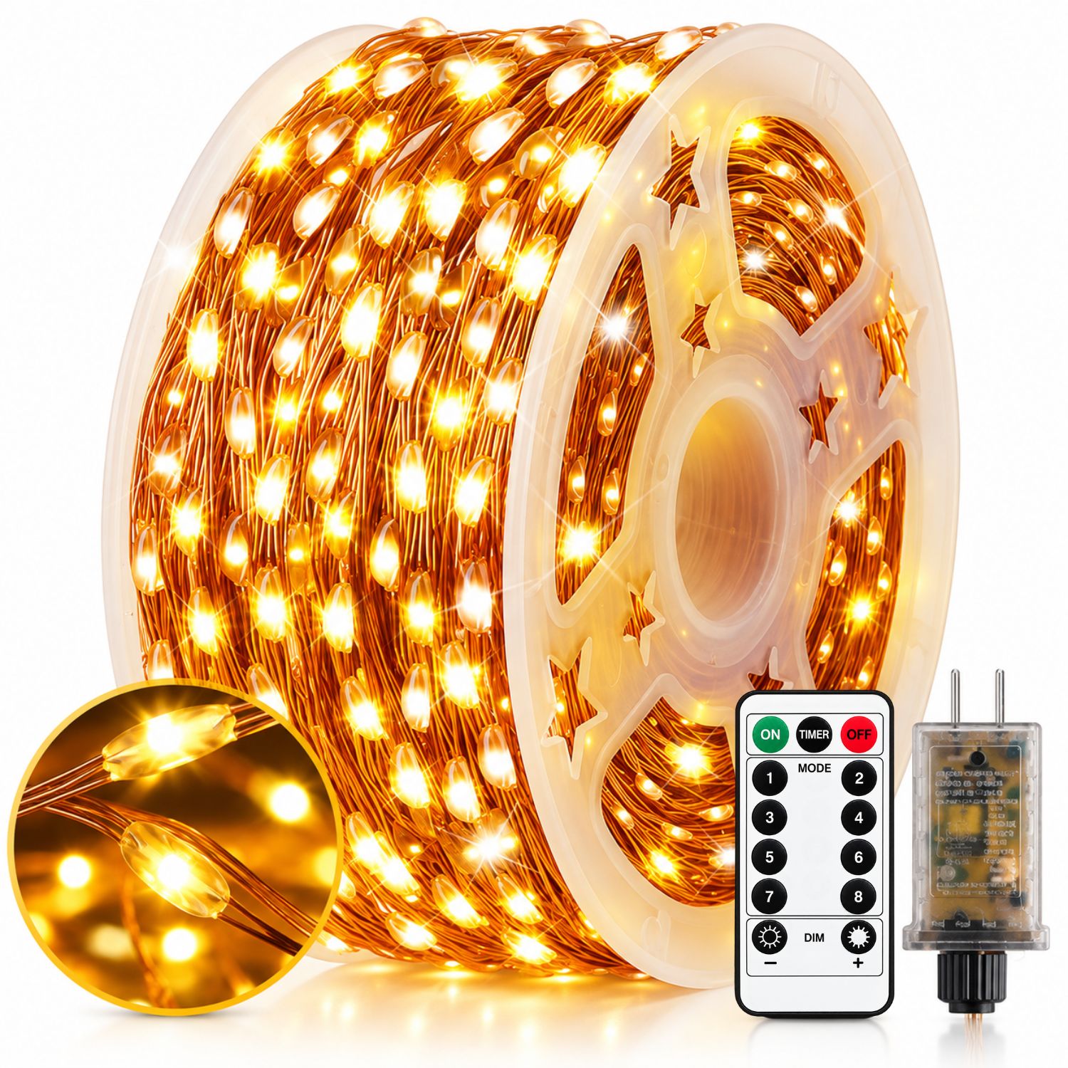 LUCES DE HADAS LED 50 METROS 500 LUCES ÁMBAR CON CONTROL REMOTO 8 MODOS Y TEMPORIZADOR - 1