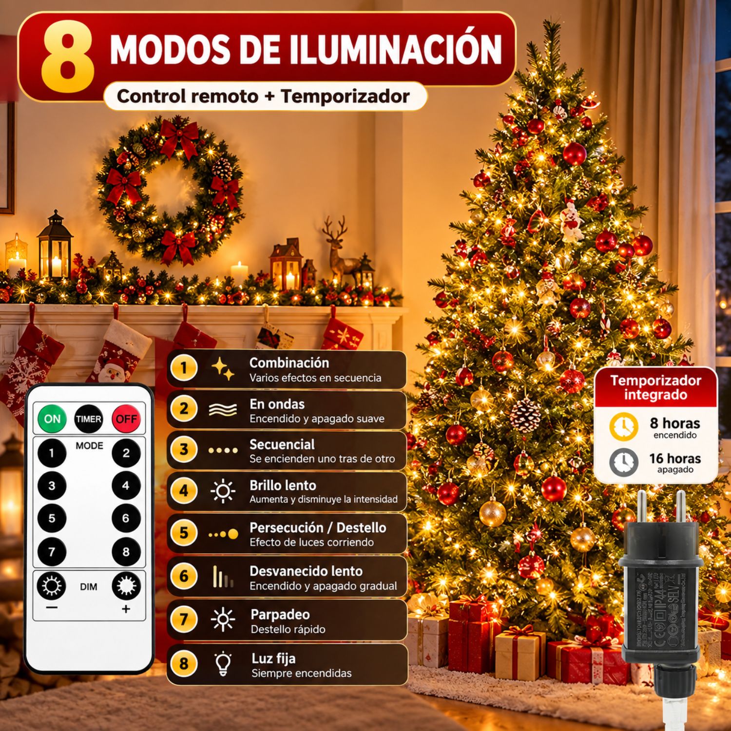 LUCES DE HADAS LED 50 METROS 500 LUCES ÁMBAR CON CONTROL REMOTO 8 MODOS Y TEMPORIZADOR - 5