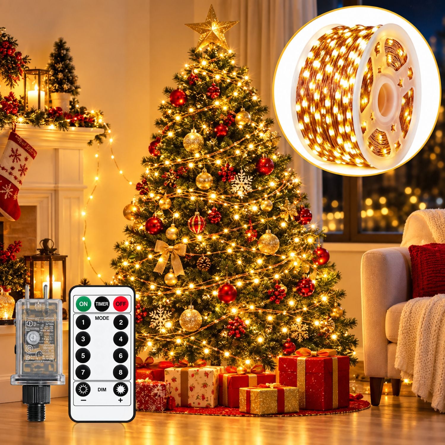 LUCES NAVIDEÑAS 50 METROS 500 LED ÁMBAR GUIRNALDA DE COBRE CON CONTROL REMOTO Y TIMER - 3