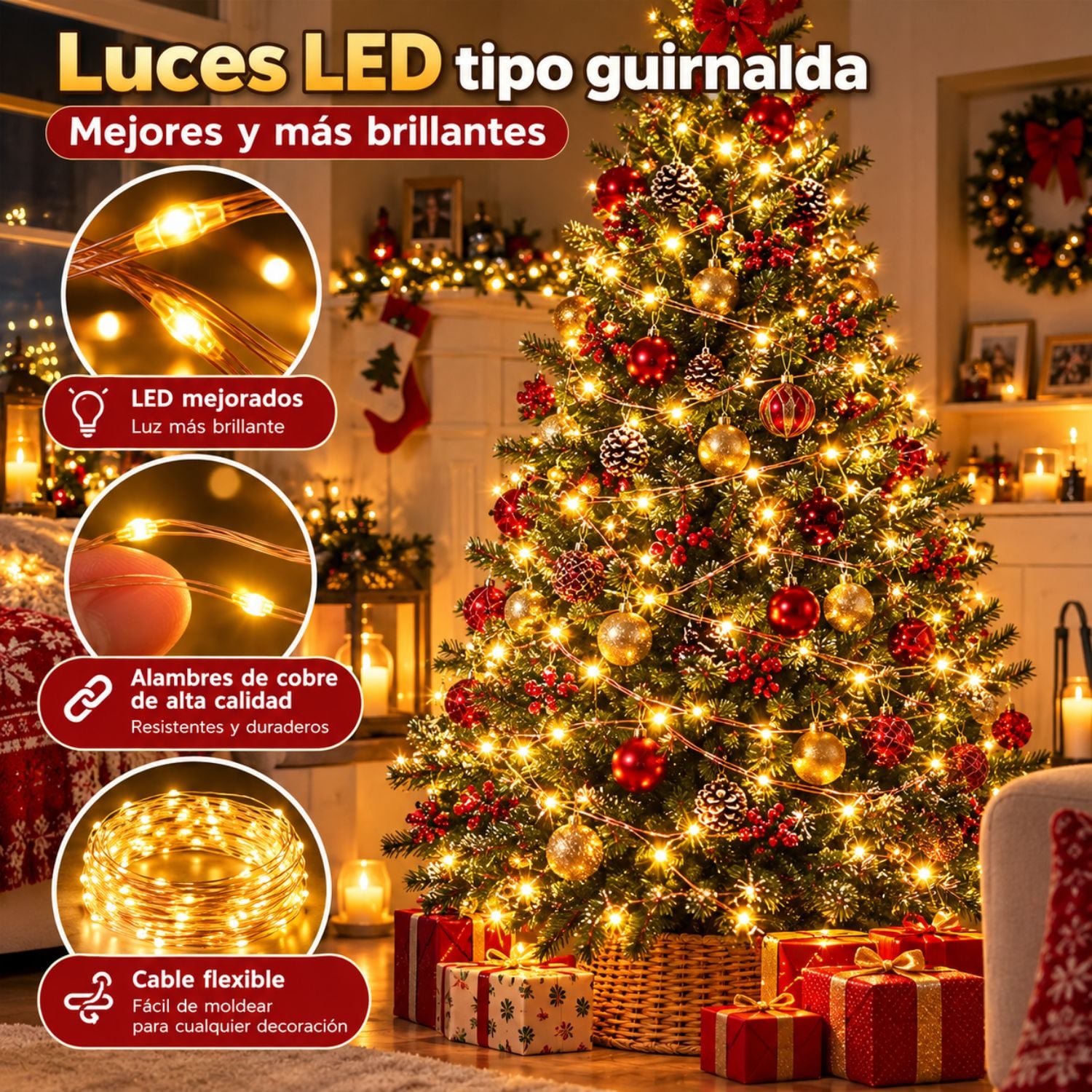 LUCES NAVIDEÑAS 50 METROS 500 LED ÁMBAR GUIRNALDA DE COBRE CON CONTROL REMOTO Y TIMER - 7