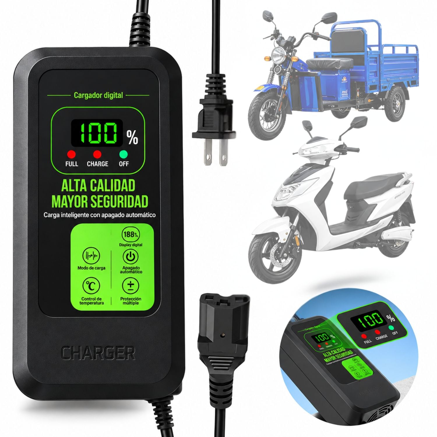 CARGADOR MOTO ELÉCTRICA 60V 45AH 5A PLOMO ÁCIDO CON PANTALLA DIGITAL Y APAGADO AUTOMÁTICO - 1