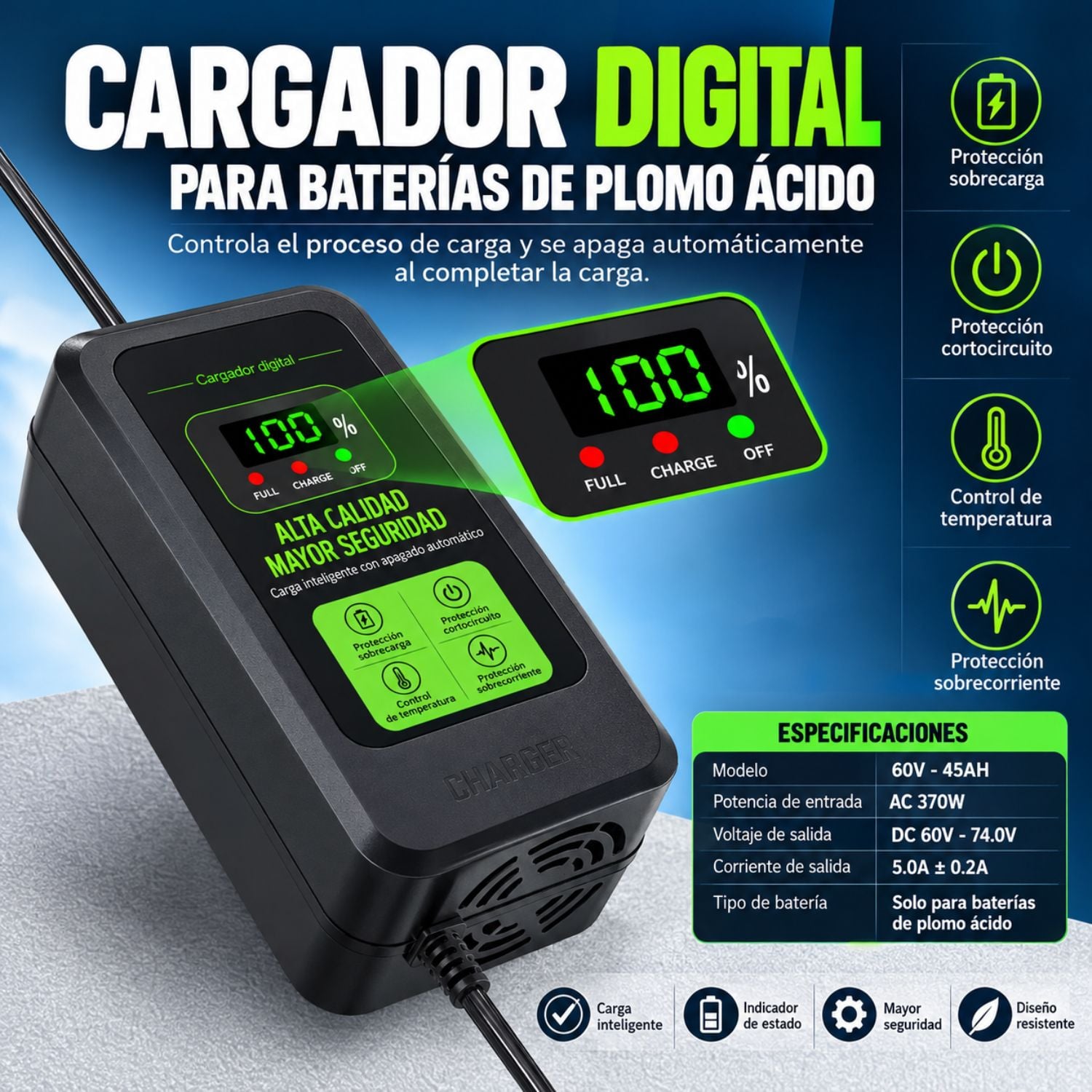 CARGADOR MOTO ELÉCTRICA 60V 45AH 5A PLOMO ÁCIDO CON PANTALLA DIGITAL Y APAGADO AUTOMÁTICO - 2