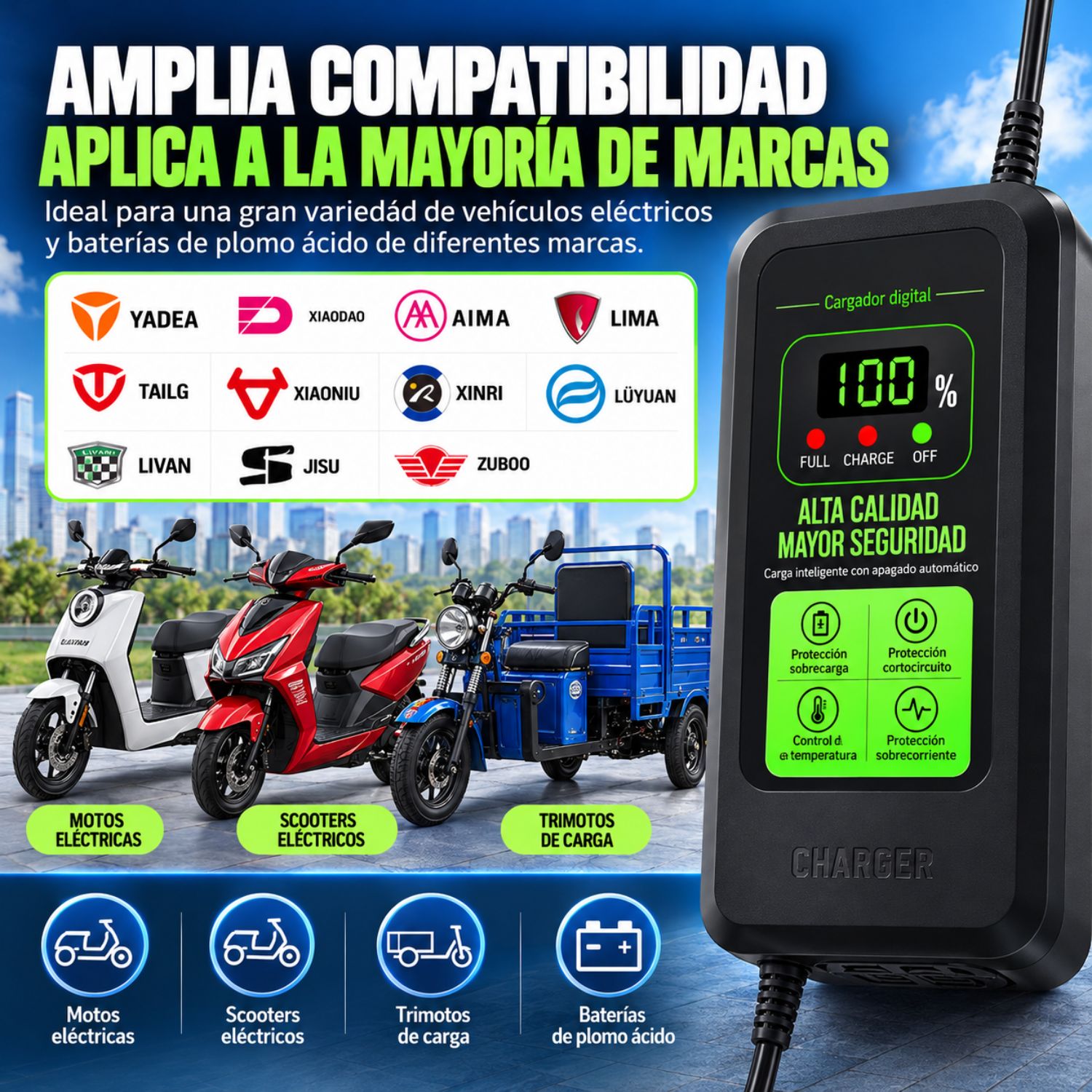 CARGADOR MOTO ELÉCTRICA 60V 45AH 5A PLOMO ÁCIDO CON PANTALLA DIGITAL Y APAGADO AUTOMÁTICO - 5
