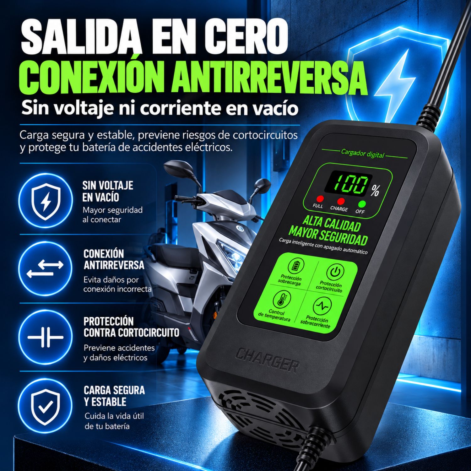CARGADOR MOTO ELÉCTRICA 60V 45AH 5A PLOMO ÁCIDO CON PANTALLA DIGITAL Y APAGADO AUTOMÁTICO - 6