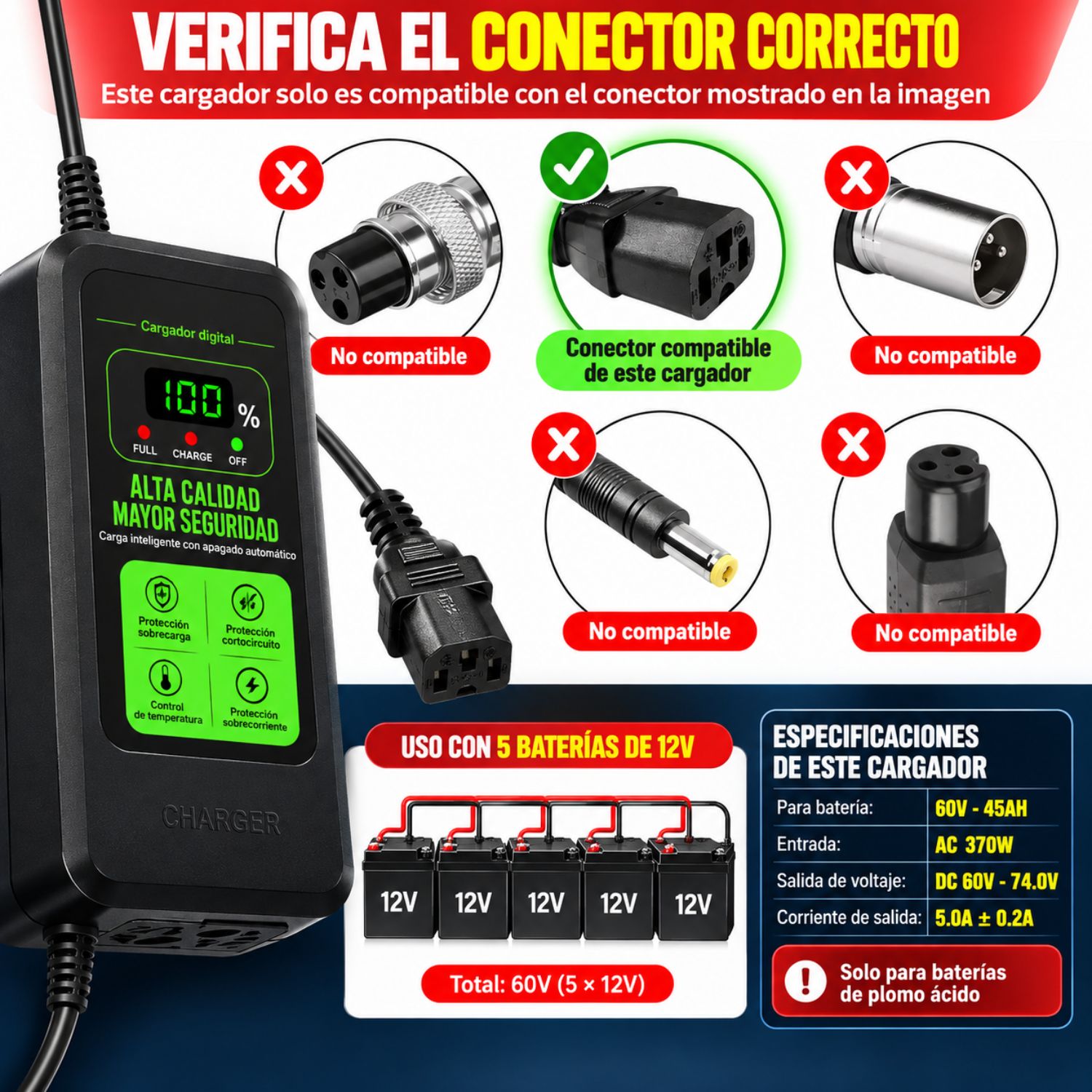 CARGADOR MOTO ELÉCTRICA 60V 45AH 5A PLOMO ÁCIDO CON PANTALLA DIGITAL Y APAGADO AUTOMÁTICO - 7