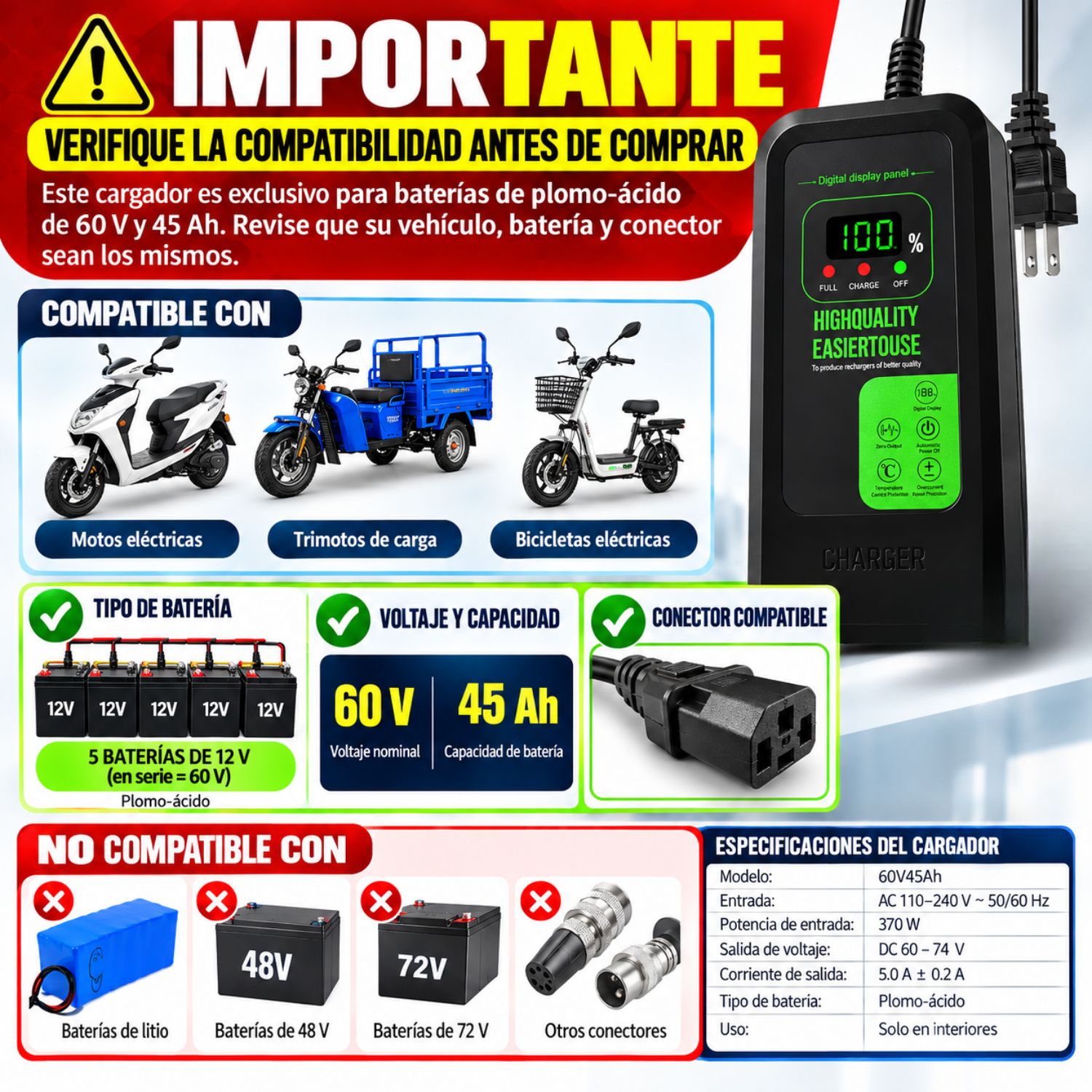 CARGADOR MOTO ELÉCTRICA 60V 45AH 5A PLOMO ÁCIDO CON PANTALLA DIGITAL Y APAGADO AUTOMÁTICO - 8