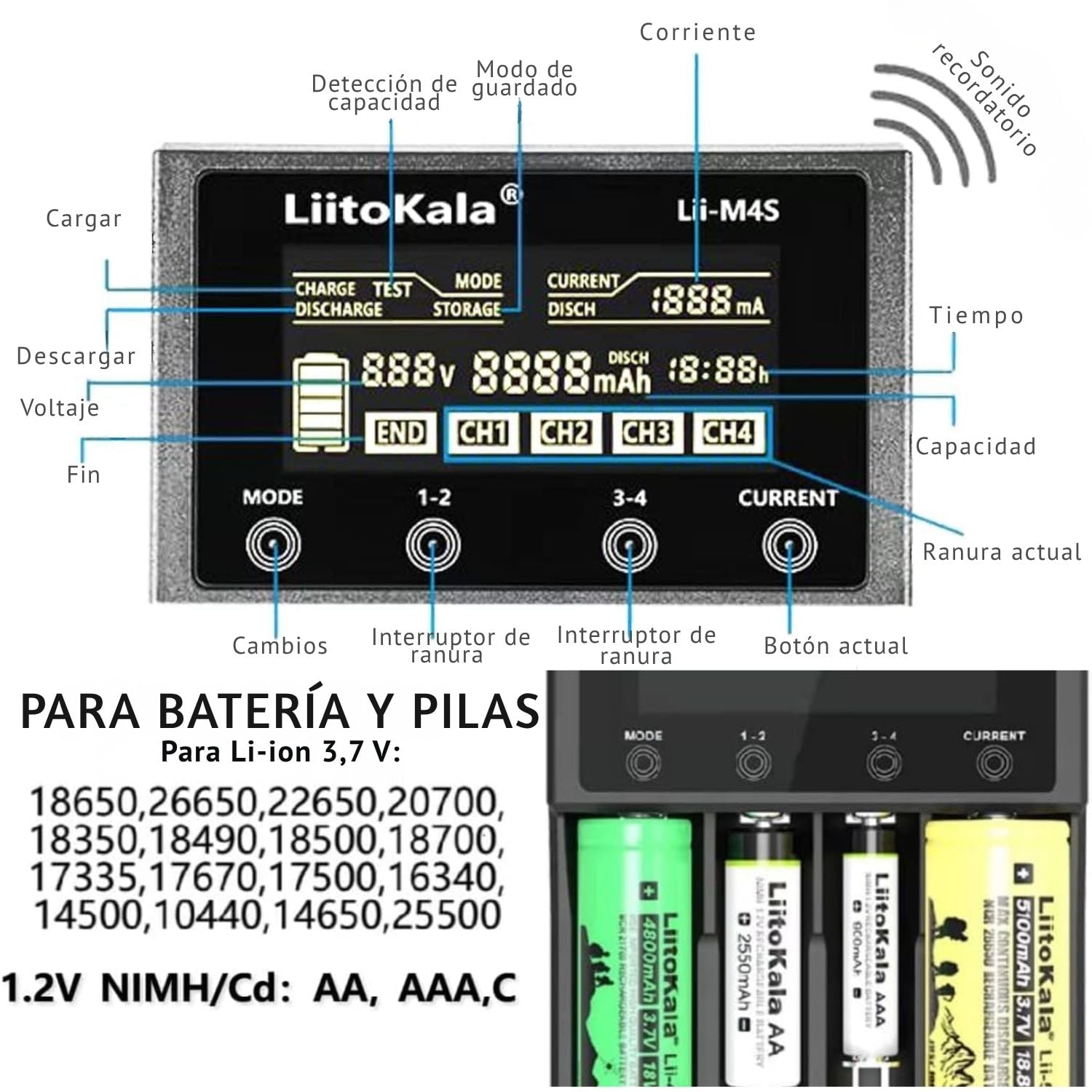 CARGADOR UNIVERSAL  DE BATERÍA LIITOKALA LII-M4S  CON PANTALLA LCD - 4