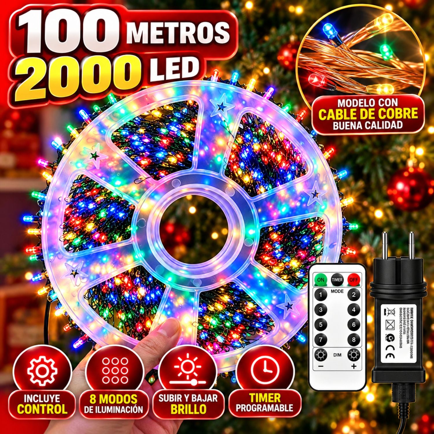 LUCES DE ESPIGA LED MULTICOLOR 100 METROS 2000 FOCOS PARA ÁRBOL DE NAVIDAD CON CONTROL REMOTO Y CONECTOR IP65 - 2