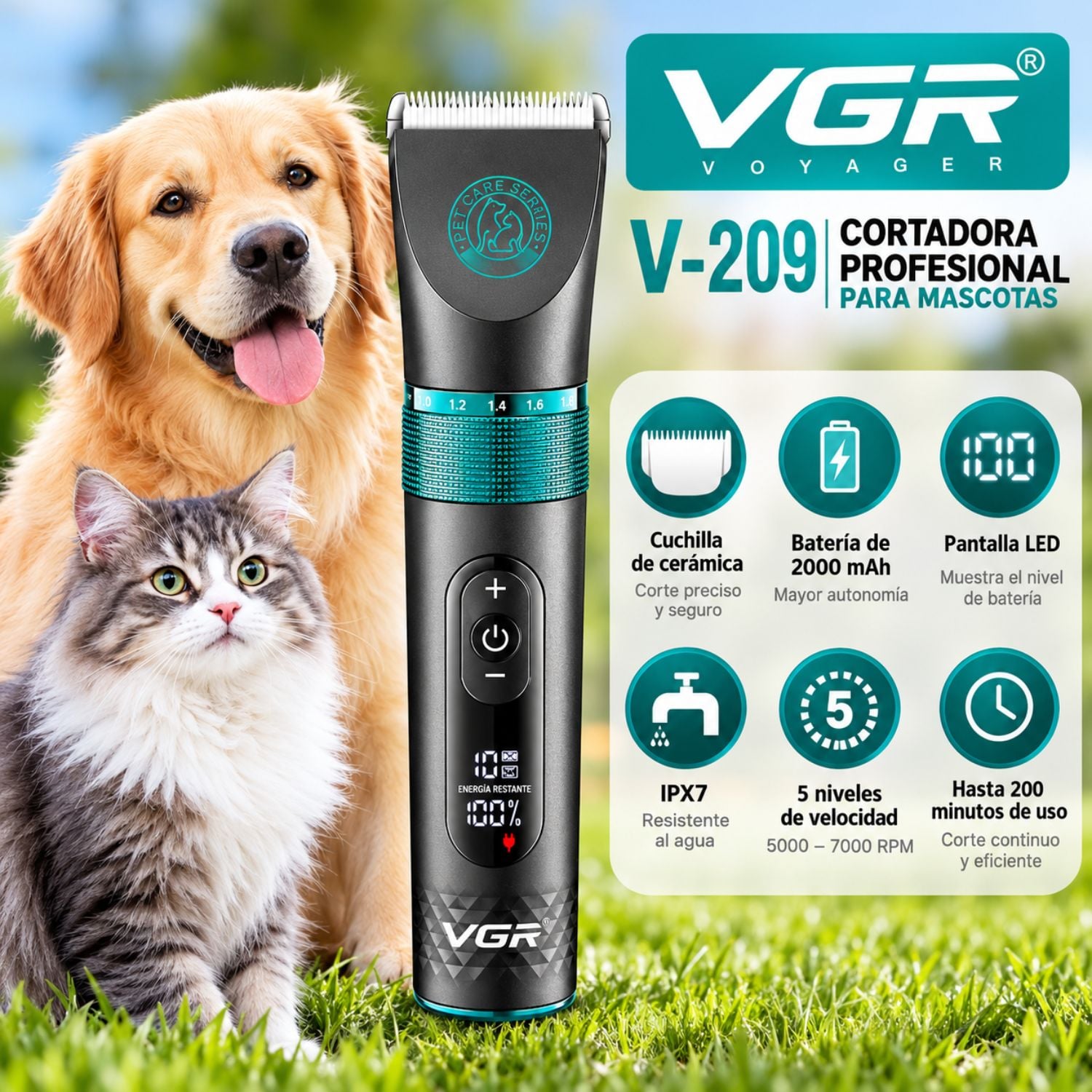 MÁQUINA CORTAR PELO PERROS MASCOTAS PRO VGR V-209 USB IPX7 - 2