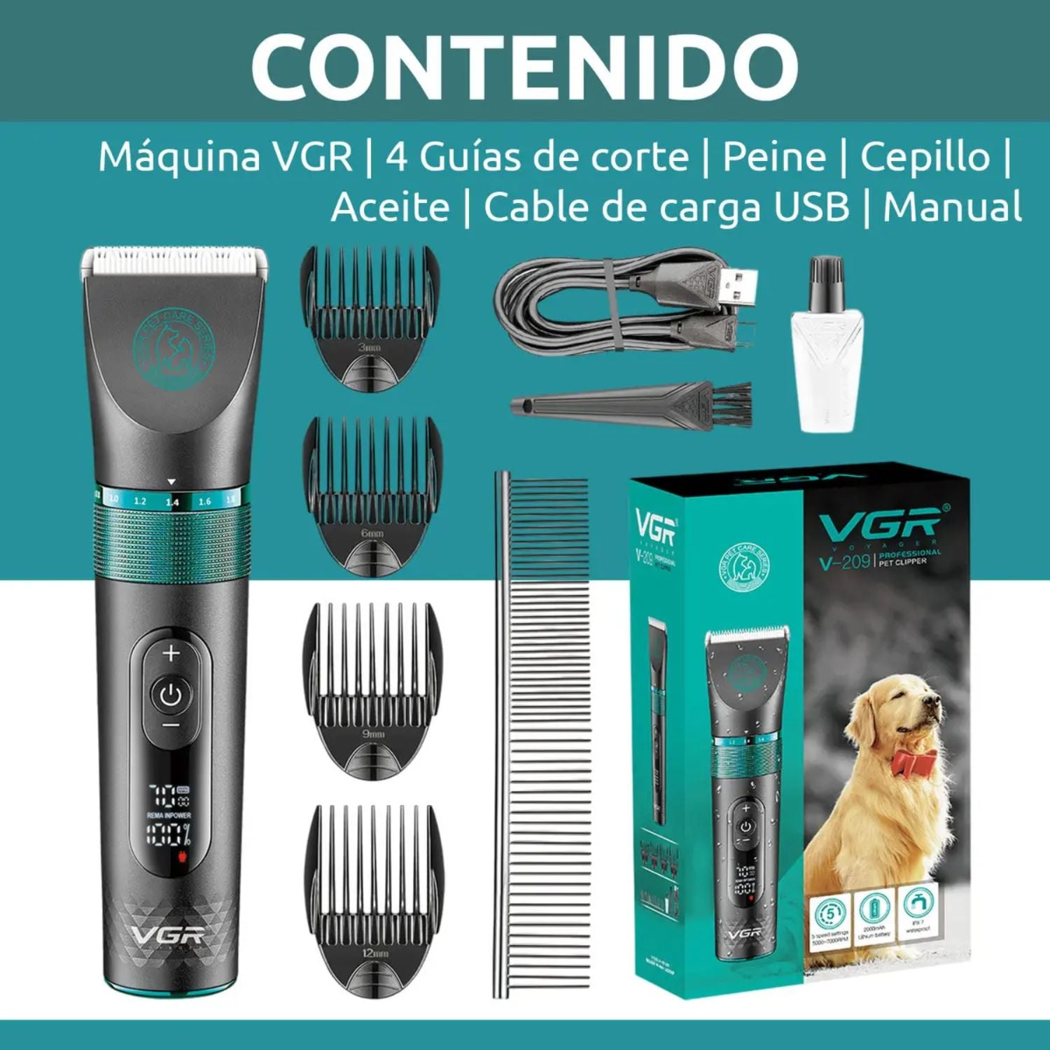 MÁQUINA CORTAR PELO PERROS MASCOTAS PRO VGR V-209 USB IPX7 - 9