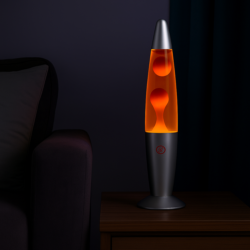 LÁMPARA DE LAVA NARANJA CON BASE DE METAL ACERO - 3