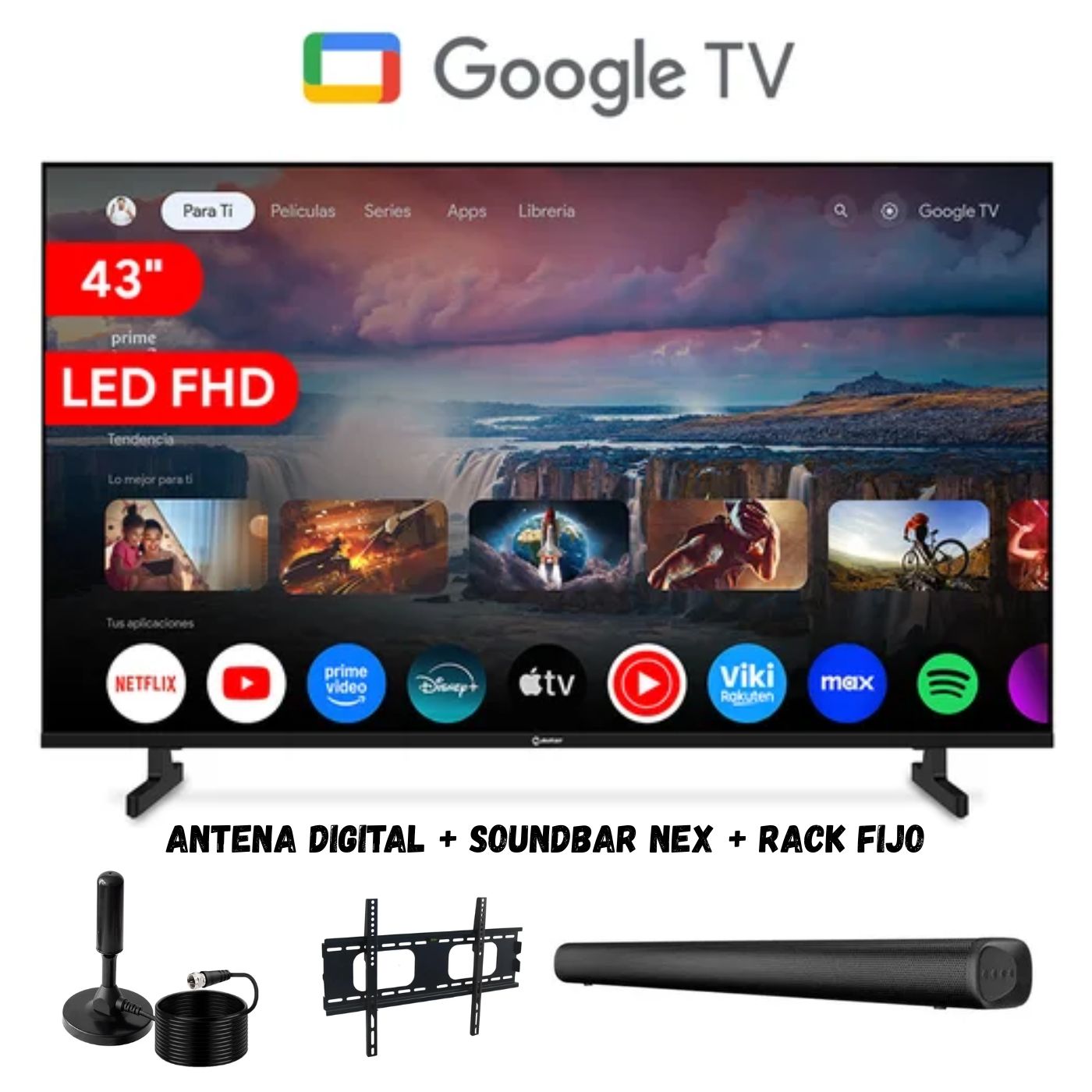 TELEVISOR SMART 43'' MIRAY LED FHD MS43-E2000GBT GOOGLETV + ANT + RACK FIJO + SOUNDBAR NEX - 1