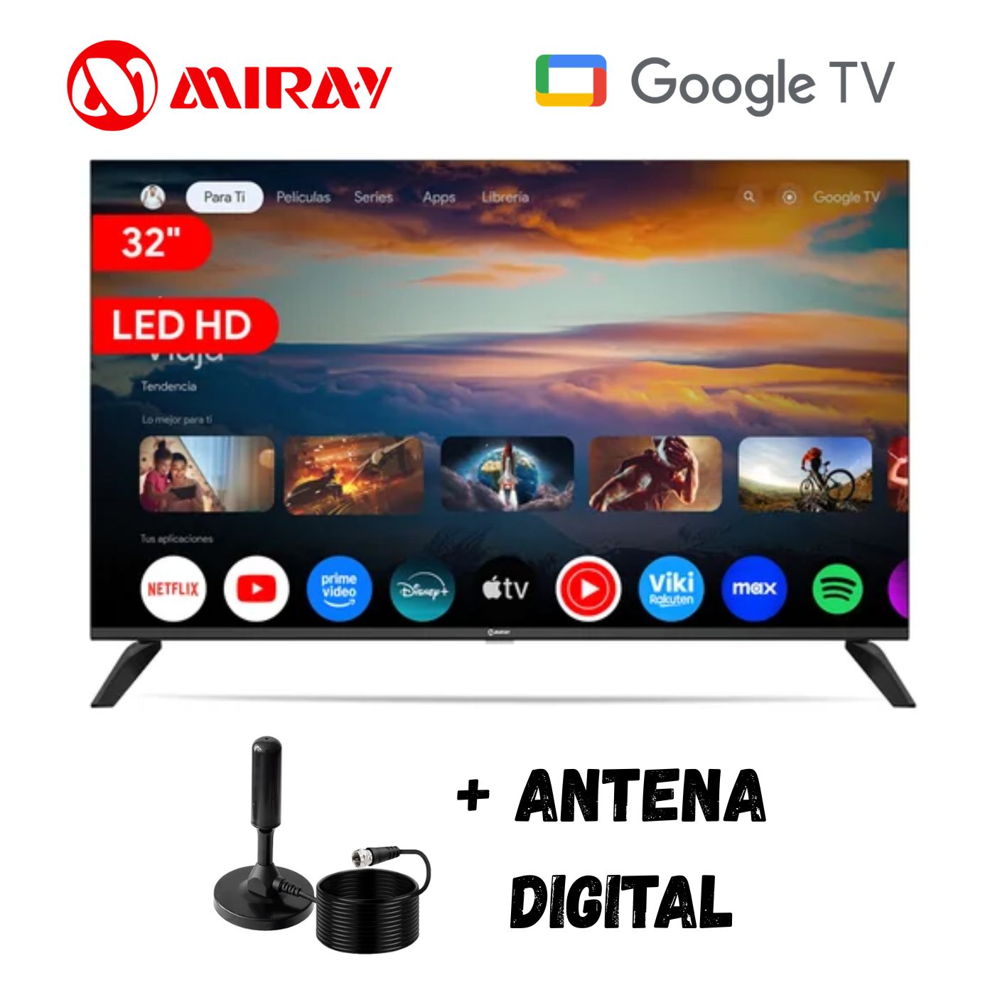 TELEVISOR SMART 32'' MIRAY HD GOOGLETV MS32-E2000GBT NEGRO + ANTENA DIGITAL - 1