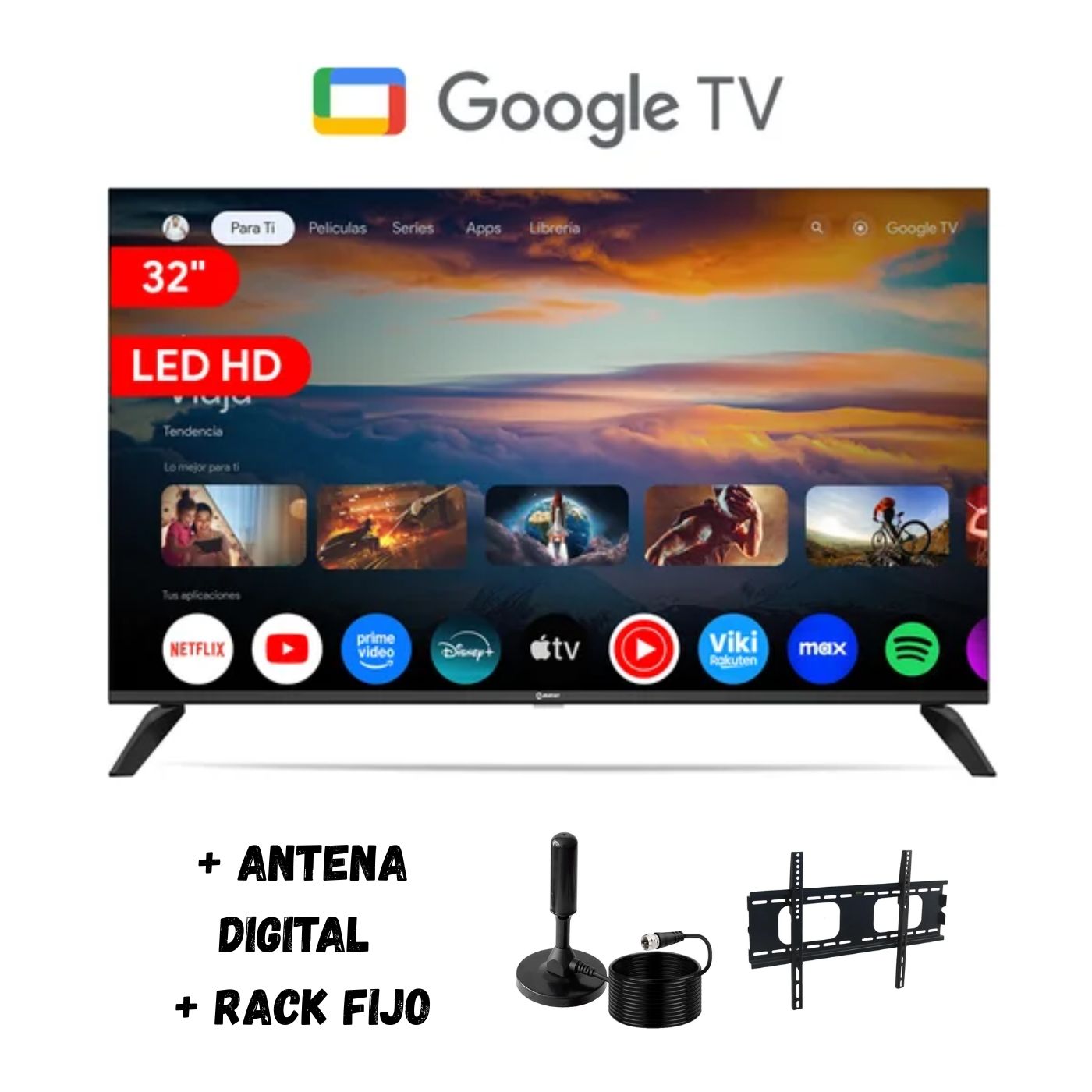 TELEVISOR SMART 32'' MIRAY HD GOOGLETV MS32-E2000GBT NEGRO + ANT + RACK FIJO - 1