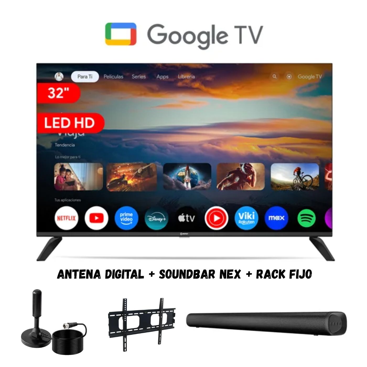 TELEVISOR SMART 32'' MIRAY HD GOOGLETV MS32-E2000GBT NEGRO + ANT + RACK FIJO + SOUNDBAR NEX - 1